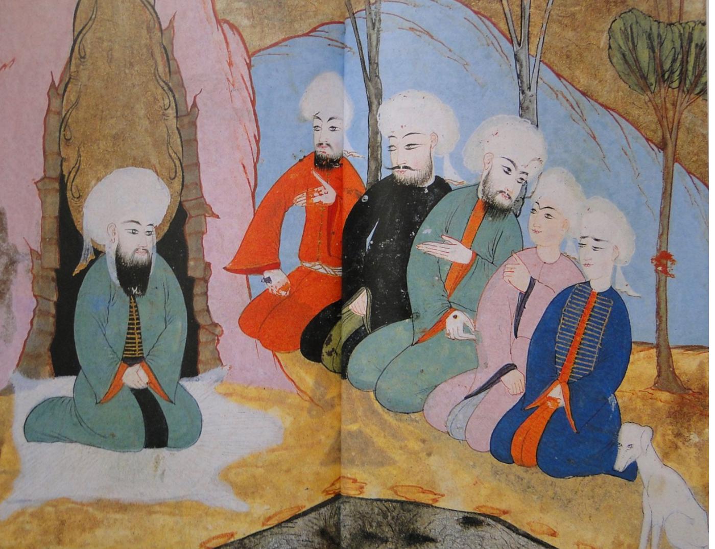 The second point is the colour of the dog, which is at the centre of a debate among the commentators on the sura. The divergences are reflected in the images and we have found pictures of dogs with different colours (brown, white, yellow). In some cases, the choice could have come from the symbolism attached to the colour. For instance, Mawlana (Rumi) wrote that the dog was yellow because “‘it was a lover, and the colour (complexion) of lovers is always yellow (pale) like my colour” Furthermore, in another image from Afghan- istan in the 17th century, the representation of the “dog of the Companions of the Cave” (sang-i Ashab al-Kabf) appears isolated and its colours ate, surpris- ingly, three: red for the head, the back black and the belly white (Fig, 3).   Shams al-Din Ahmad-e Aflaki, The Feats of the Knowers of God, 202. 