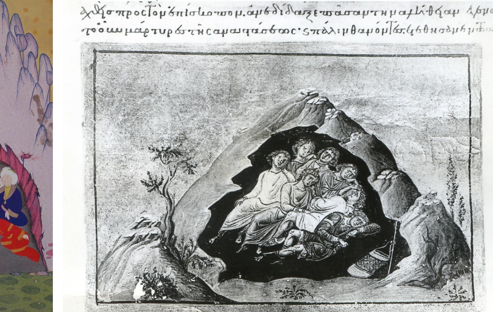 Fig, 5. Menologue of Basile II. Ms 11th century, Vatican Apostolic Library, Rome. L. Massignon Archives, Paris.  Fig. 6. Zubdat al-tawarikh. Ms 1973, Turk ve Islam Eserleri Miizesi, Istanbul. In M. And, Minyatiirlerler Osmanh-Lslim Mitologiyast.  visual representations, not to say completely absent, it appears in one of the oldest narratives about the Seven Sleepers by Theodosius (mid-sixth century) and was named Viricanus (man-dog).*? There is a great likeli- hood that it was under Indian influences that the dog was introduced into the story of the Companions of the Cave. There is a similar story in the Mahabharata about several members of the Pandava royal family who renounced the world and went to remote areas, accompanied by a dog, in search of the Absolute. It is revealed later that the dog was actually the god Dharma or Yama. This story probably reached the Mediterranean through Sassanid Iran. 