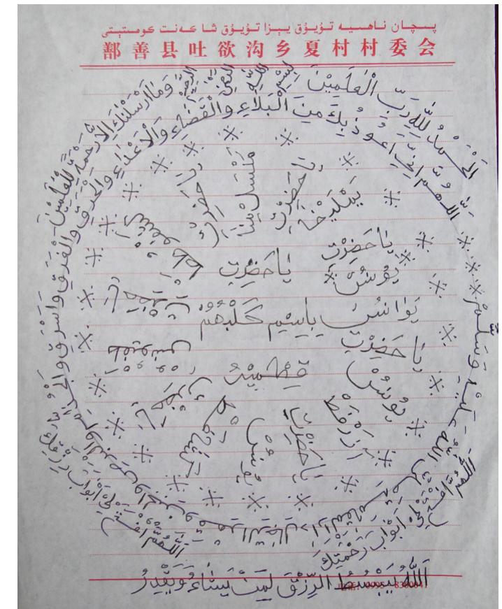 Fig, 19. Circular calligraphy dedicated to the Companions of the Cave. Tuyuq shrine, Turfan oasis, China, 2008. Collection Zarcone. 