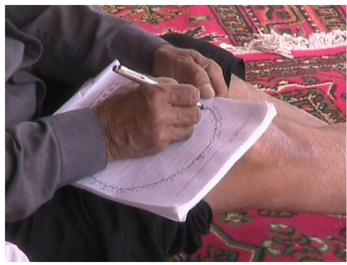 Fig. 20. A Uyghur curator of the shrine of the Companions of the Cave in Tuyugq, Xinjiang, making a talisman with the names of the Companions. Photograph © T. Zarcone, 2008.  Fig, 21. Circular calligraphy dedicated to the Companions of the Cave. Nigeria. A. Schimmel, Calligraphy and Islamic  Culture. 