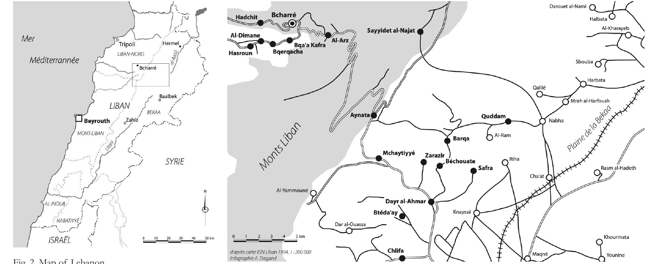Fig. 3. Map of the Beqaa Plain, in Terrain, 51 (2008).  Lebanon, is a communitarian and confessional hodgepodge, containing Christians (Maronites, Greek Catholics and Armenians), Sunnis, Syrian and Palestinian refugees.  The Jacobites are also called Western Syrians. They are Monophysites who split from the Roman church by refusing the definition of the person and the two natures of Christ formulated at the Council of Chalcedon in 451. They were organized as a separate church by Jacob Baradaeus in the sixth century. 