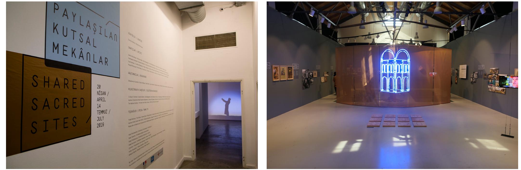 Fig. 12. Exhibition, Pay/asilan Kutsal Mekanlar, Depo, Istanbul, 2019. Photograph =F © Serra Akcan. A  | Fig, 13. “Mavi Kalp / Cceur blew”, by Sarkis, Paylaselan Kutsal Mekdnlar, CerModern, Ankara, 2021. Photograph © Sébastien de Courtois.  A less complex version was also designed in 2018— 2019 for the Chapel of Notre-Dame du Haut in Ronchamp, a site built by Le Corbusier and classified by Unesco. Photographic versions were also presented at the Rencontres Orient-Occident in Switzerland (2018), at the Maison Inter-universtaire des Sciences de ’Homme — Alsace (MISHA) in Strasbourg (2019), at the Institut Franais in Marrakesh (2022), at the Ecole Francaise de Rome (2022-2023), ete. 