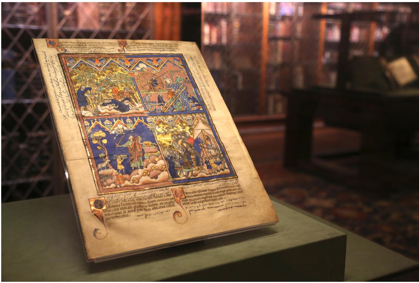 Fig. 31. Bible of St. Louis or Morgan Picture Bible, Paris, ca. 1250, The Morgan Library & Museum, New York, ms m.638, fol. 3r, purchased by J. P. Morgan, jr., 1916, Shared Sacred Sites, The Morgan Library and Museum, 2018.  often been linked to the court of the French King Louis [X (1214-1270). When it was first created, it contained only a series of images depicting scenes from the Bible. Some fifty years later, Latin captions were added, and quite certainly this happened in Italy. At the beginning of the seventeenth century, the manu- script had travelled again and was in the hands of a Polish cardinal, the bishop of Cracow, who entrusted it, as a diplomatic gift for the Persian Shah, to a mission of friars that reached Isfahan in 1607.’ The Bible was presented to the Shah in the first days of 1608. At his court, captions in Persian were added to the Latin inscriptions. A century later, probably when the Afghans conquered Isfahan in 1722, the royal library was dispersed. The precious manuscript was acquired by a Persian-Jew, and a third layer of captions was added, this time in Judeo-Persian.*' As a result, this wonderful artwork also harbours a complex work of intertextuality, displaying Christian, Muslim and Jewish points of view on the same image. It summarises, in an astonishing way, a web of interreli- gious relations distributed over an extended period of time. Looking carefully  