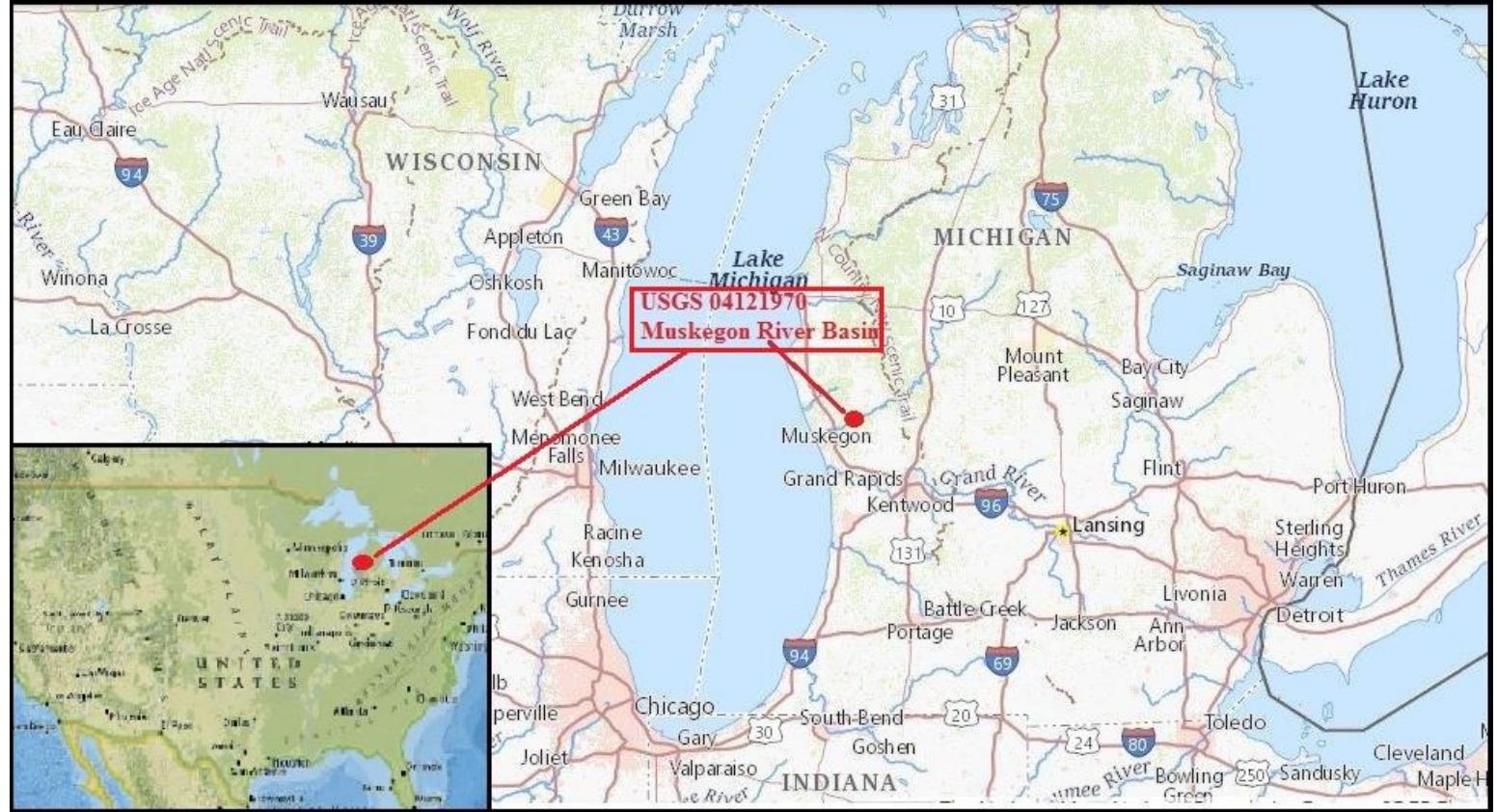 Fig. 1. General view of the Muskegon River Basin (USGS)  Muskegon river basin is selected as study area in this paper. The main stream is 348 km long and drains an area of 6100 km? in Muskegon river basin. 1397 daily data for water temperature, runoff and rainfall were used. Data set is collected between 2014 and 2018 years by USGS. Data belongs to Muskegon River basin with station number 04121970. In Figure 1, view of Muskegon river basin is given. 