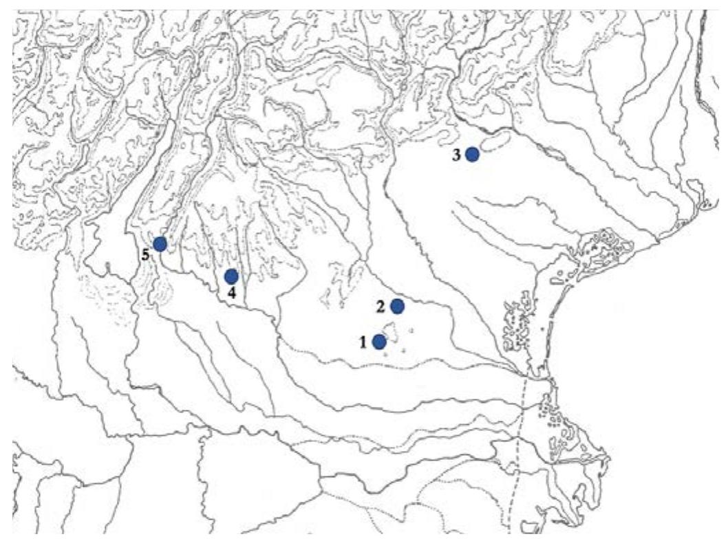 Fig. 1: Localisation of the sites with evidence of bronze-sheet arte- facts here analysed: 1. Este (PD); 2. Padova; 3. Montebelluna (TV); 4. Colognola ai Colli (VR); 5. Rivoli Veronese (VR). / Localizzazione dei siti dai quali provengono i manutfatti in lamina di bronzo analizzati: 1. Este (PD); 2. Padova; 3. Montebelluna (TV); 4. Colognola ai Coll (VR); 5. Rivoli Veronese (VR). 