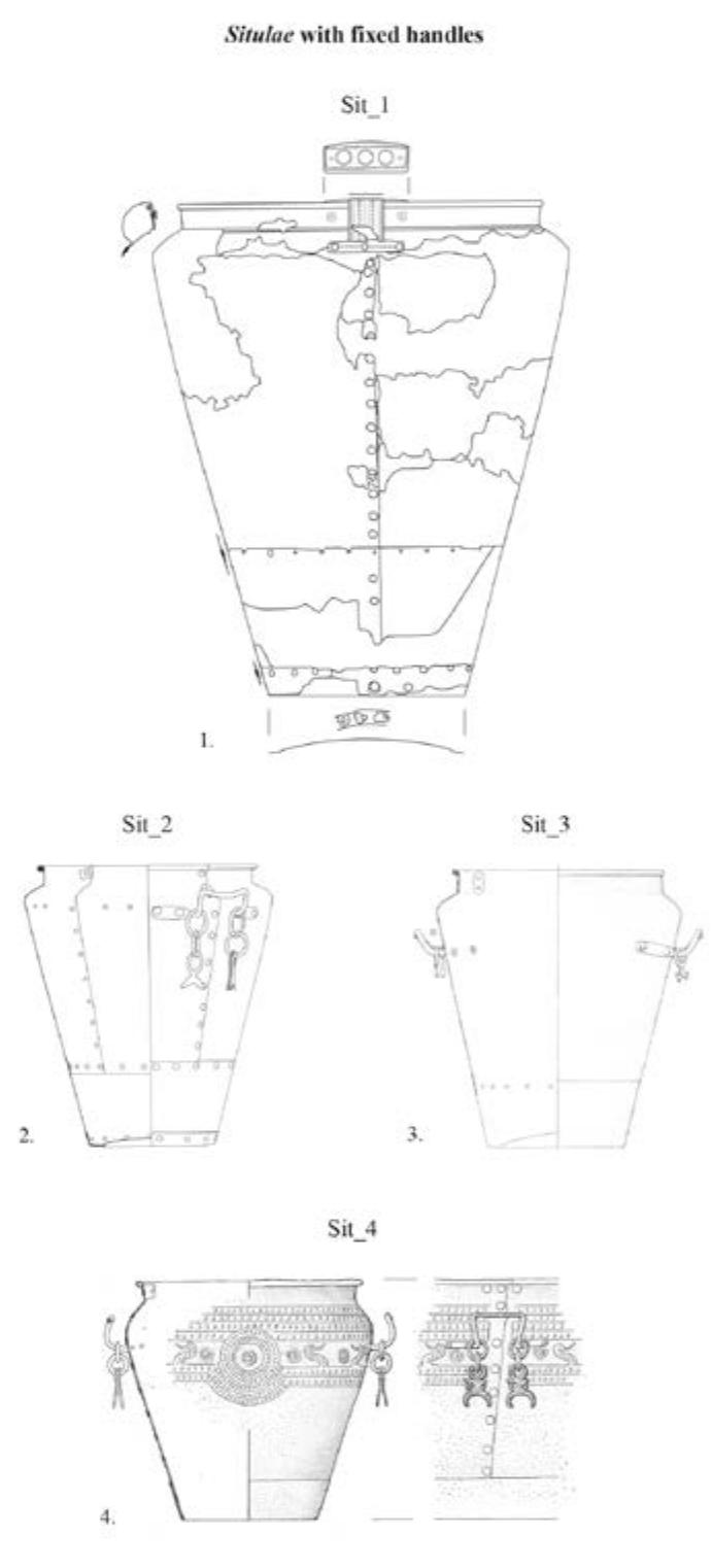 Fig. 2: Types of situlae with fixed handels here identified: 1. “Tomba dei Vasi Borchiati”, Via Tiepolo-San Massimo cemetery, Padova; 2. Grave 236, Casa di Ricovero cemetery, Este (PD); 3. Grave 277, Villa Benvenuti cemetery, Este (PD); 4. “Tomba del Signore”, Rivoli Veronese (VR). / | tipi di situle a manici fissi identificati: 1. “Tomba dei Vasi Borchiati”, cimitero di via Tiepolo-San Massimo, Padova; 2. Tomba 236, Cimitero Casa di Ricovero, Este (PD); 3. Tomba 277, cimitero di Villa Benvenuti, Este (PD); 4. “Tomba del Signore”, Rivoli Veronese (VR). 