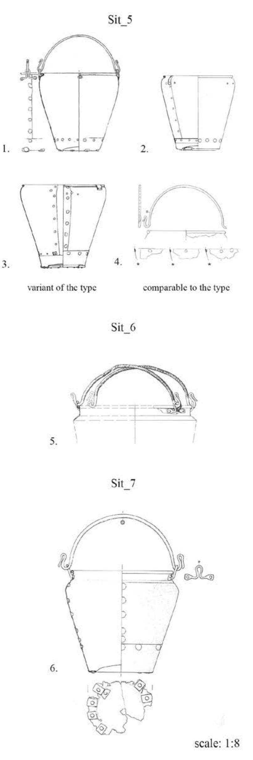 Situlae with mouvable handles  Fig. 3: Types of situlae with mouvable handels here identified: 7. Grave 278, Villa Benvenuti cemetery, Este (PD); 2. Grave 234, Casa di Ricovero cemetery, Este (PD); 3. Grave 160, Casa di Ricovero cemetery, Este (PD); 4. Grave 3, Posmon cemetery, Montebelluna (TV); 5. Grave 236, Casa di Ricovero cemetery, Este (PD); 6. Spora- dic find, Borgo Santa Croce, Padova. / | tipi di situle a manici mobili identificati: 1. Tomba 278, cimitero di Villa Benvenuti, Este (PD); 2. Tomba 234, cimitero Casa di Ricovero, Este (PD); 3. Tomba 160, ci- mitero Casa di Ricovero, Este (PD); 4. Tomba 3, cimitero di Posmon, Montebelluna (TV); 5. Tomba 236, cimitero Casa di Ricovero, Este (PD); 6. Ritrovamento sporadico, Borgo Santa Croce, Padova. 