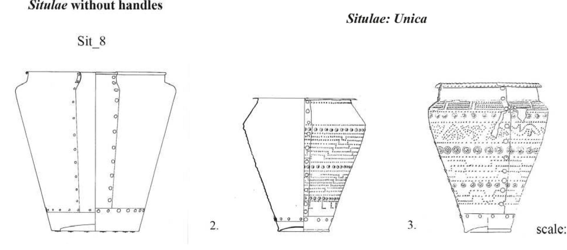 Fig. 4: Types of situlae without handels here identified: 1. Grave 234, Casa di Ricovero cemetery, Este (PD); 2. Grave 187, Fondo Rebato cemetery, Este (PD); 3. Grave 122, Villa Benvenuti cemetery, Este (PD). /| tipi di situle privi di manici identificati: 1. Tomba 234, cimitero Casa di Ricovero, Este (PD); 2. Tomba 187, cimitero di Fondo Rebato, Este (PD); 3. Tomba 122, cimitero di Villa Benvenuti, Este (PD). 