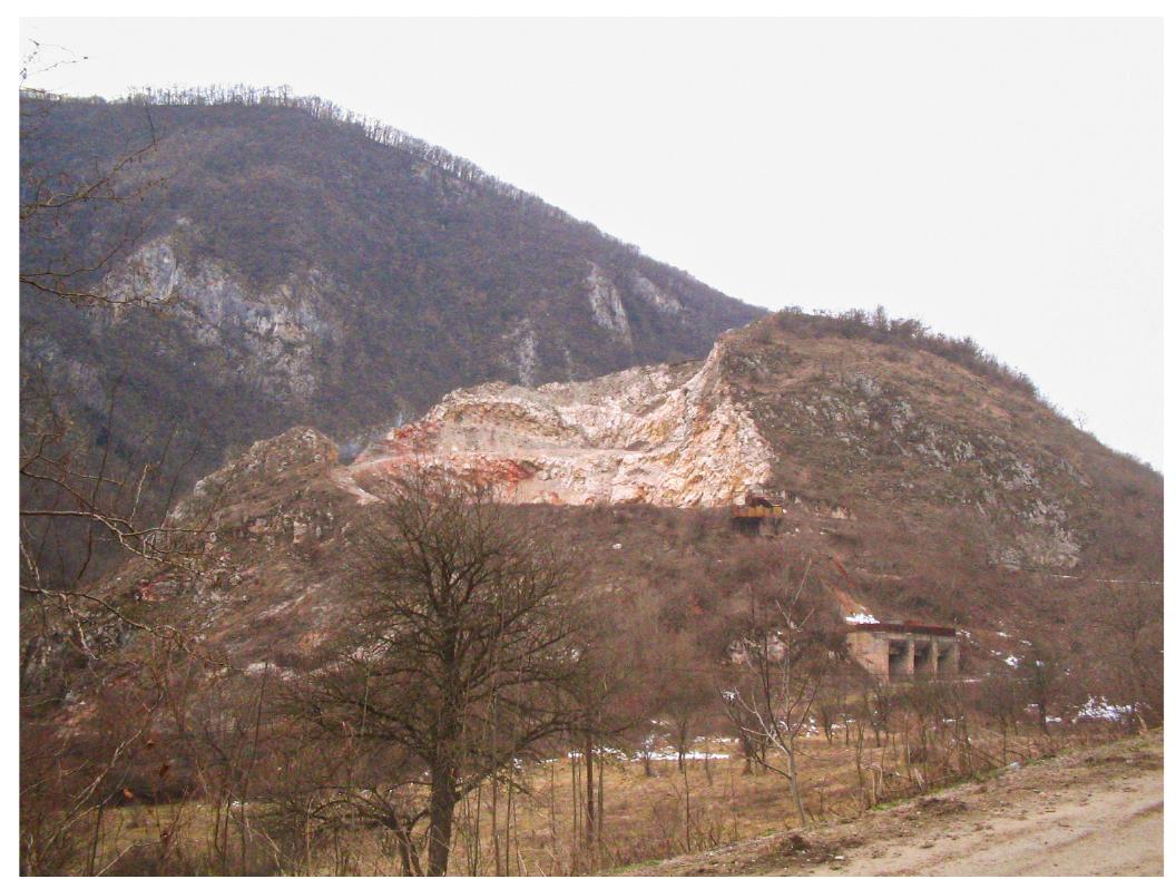 Fig. 1. Cariera de la Ardeu (a functionat pana in anul 2006) (foto I.V. Ferencz, 2006).  Fig. 1. The Ardeu quarry (operated until 2006) (photo I.V. Ferencz, 2006). 