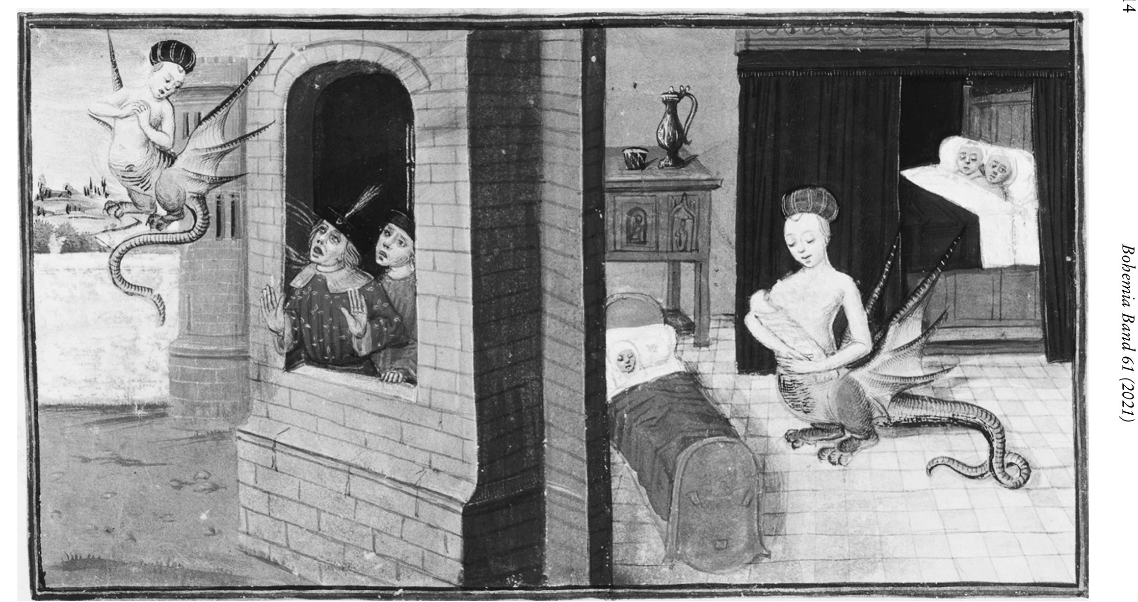 Fig. 1: Paris, Bibliothéque nationale de France, Ms. Francais 24383, fol. 30r, c. 1490, Coudrette, Roman de Mélusine. URL: https://gallica. bnf. fr/ ark:/12148/btv1b105258709/f63.image (last accessed 21.08.2020). 