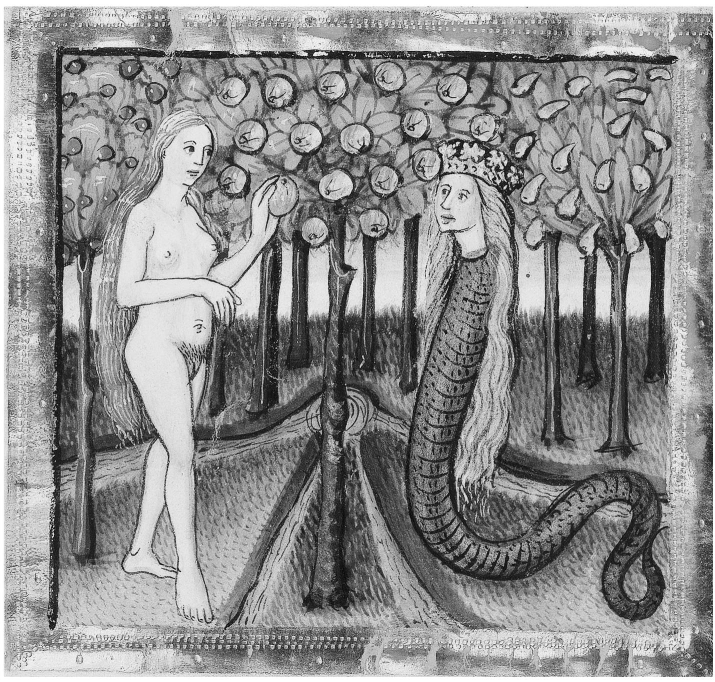 Fig. 2: Munich, Bayerische Staatsbibliothek, Cgm 8010a, fol. 10r, c. 1465-70, Eve and the Serpent, Furtmeyr-Bibel, urn:nbn:de:bvb:12-bsb00045292-3. 