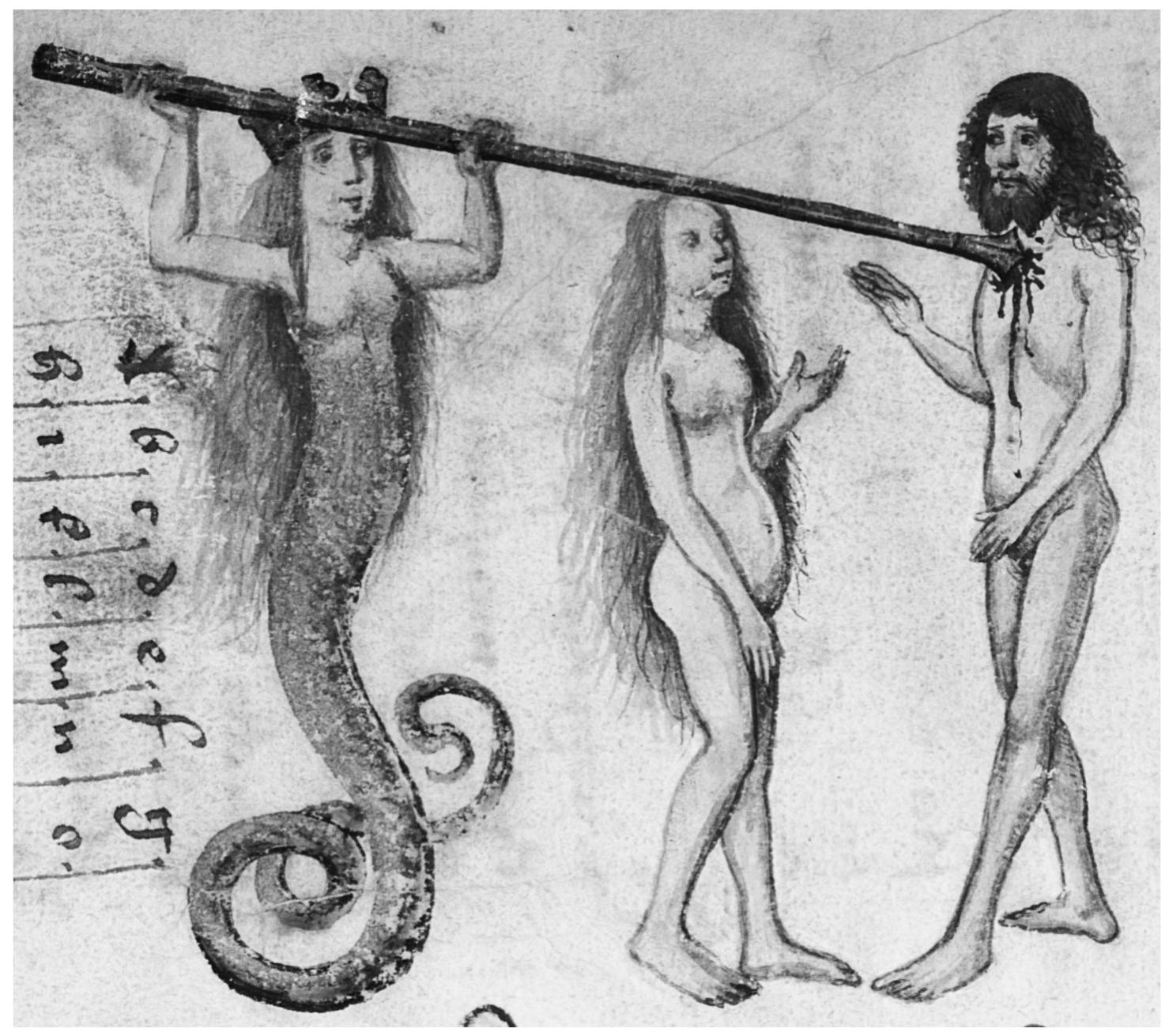 Fig. 3: Munich, Bayerische Staatsbibliothek, Cgm 598, fol. 2r, c. 1470, The Fall of Adam and Eve, Buch der heiligen Dreifaltigkeit, urn:nbn:de:bvb:12-bsb00016775-9. 