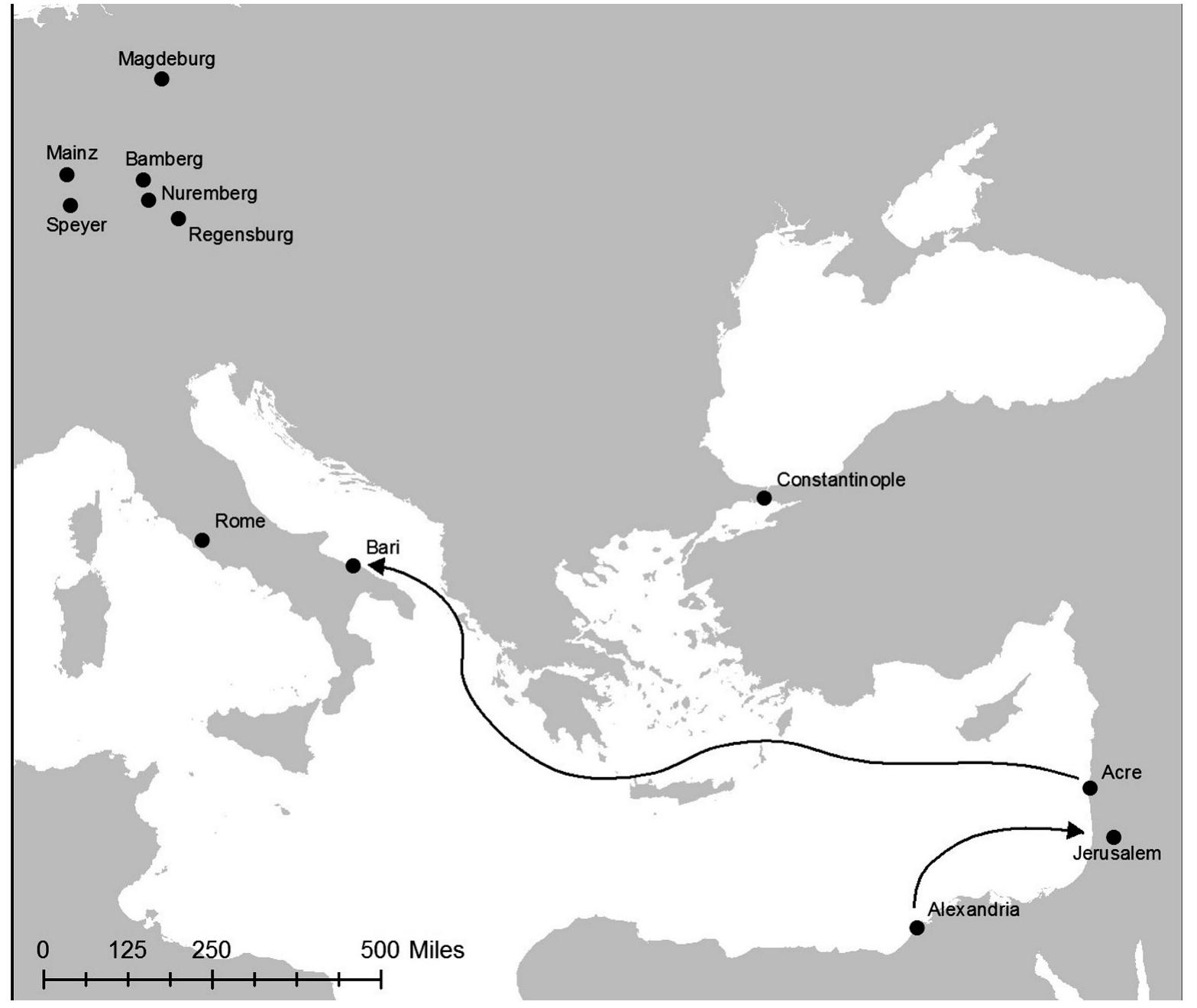 Fig. 4: Duke Ernst’s mappable sea travels. Map created by C. Scott Walker, Digital Carto- graphy Specialist, Harvard Map Collection.  ~ A glance ata geographical map elucidates the restricted range of real-world places referred to in Duke Ernst (Fig. 4). Needless to say, this map is misleading as it stands 