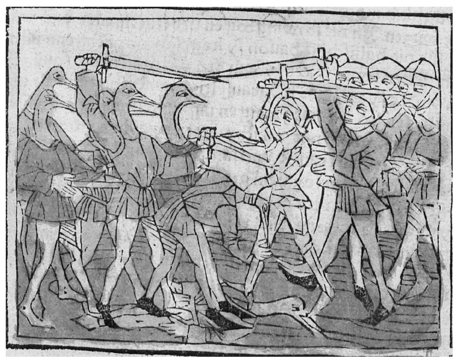 Fig. 5: Battle scene Crane-heads against Ernst and his men 1476/77 edition by the Augsburg- based printer Anton Sorg, Munich, Bayerische Staatsbibliothek, Ink H-296 (GW 12534), urn:nbn:de:bvb:12-bsb00027897-1. 