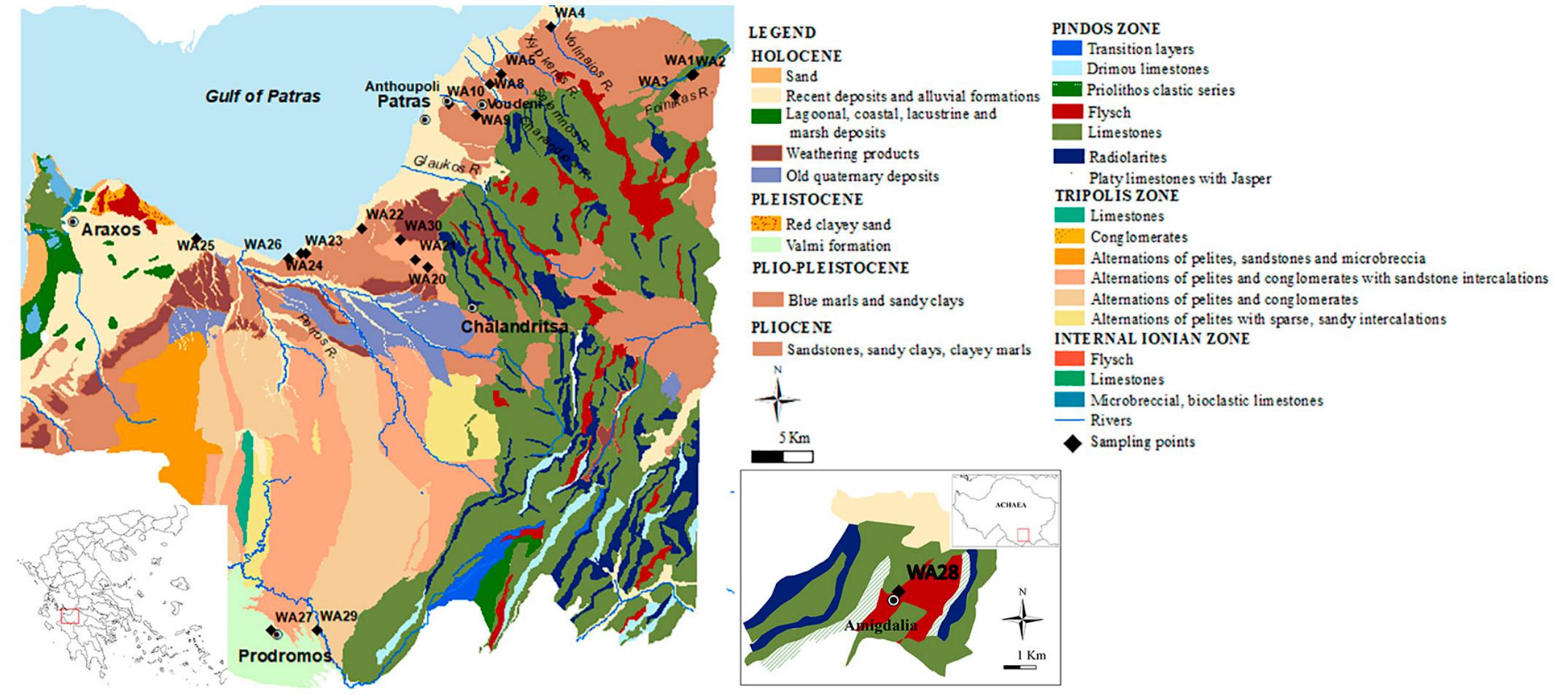 Figure 1. Modified geological map of Western Achaea, combined from IGME sheets of Nafpaktos, Patrai, Khalandritsa, Kertezi, Nea Manolas, Goumeron, and Dafni [13-18]. 