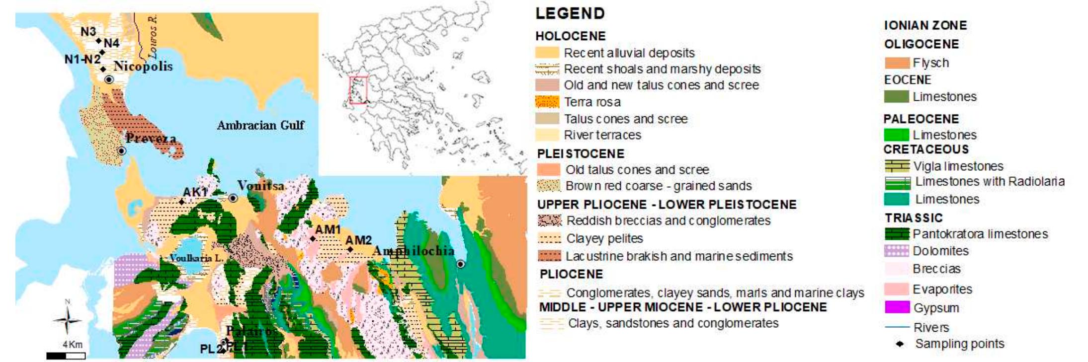 Figure 2. Modified geological map of south Epirus, combined from IGME sheets of Peta, Vonitsa, Kanalaki, and Arta [19-22]. 