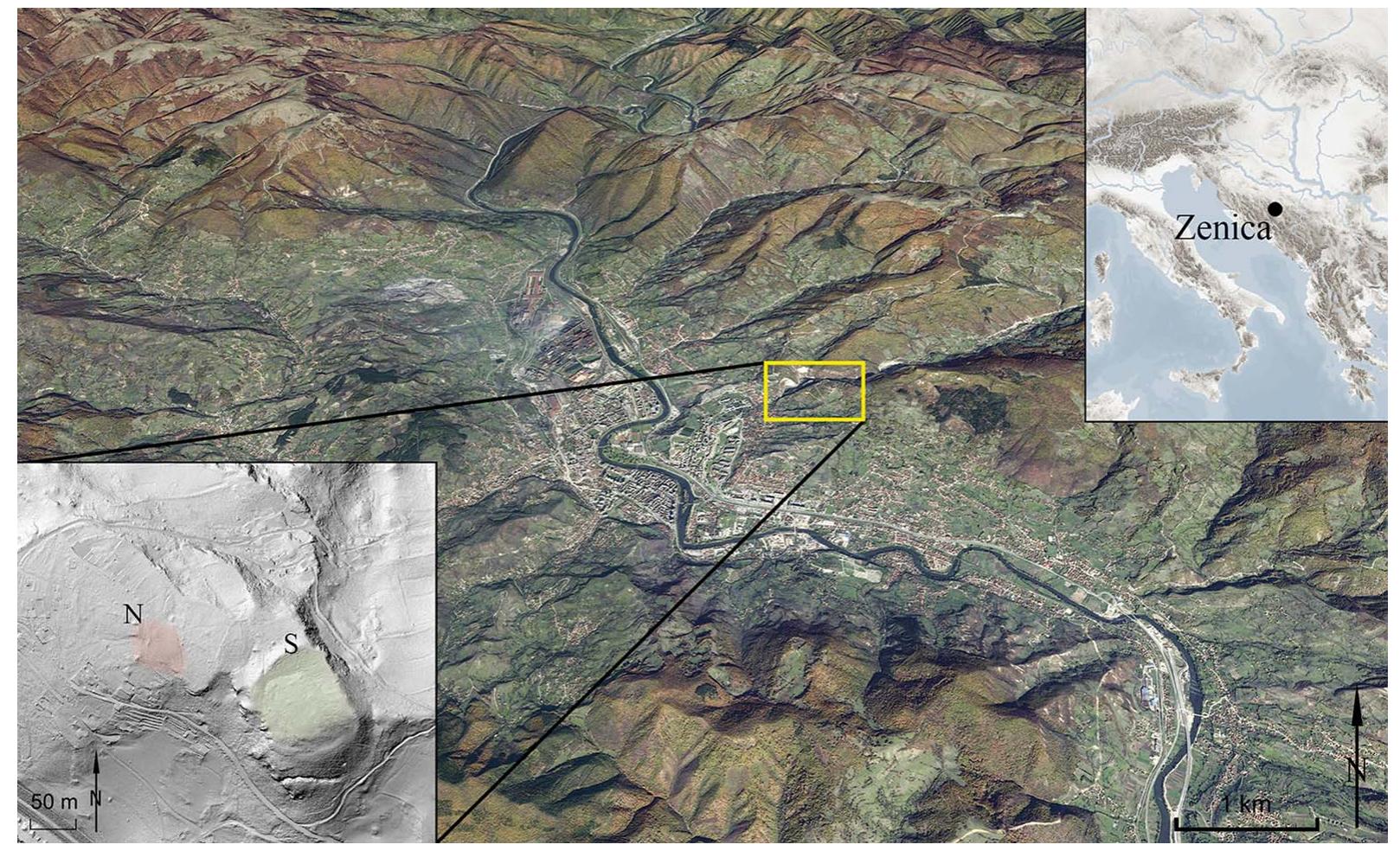 Figure 1. Location of the Zenica Basin, and (bottom left inset) the Kopilo cemetery (N) and settlement (S) on LiDA. (figure by I.M. Petschko; maps: Google Earth, NASA, Natural Earth).  sure 1), with layers and finds spanning from the Late Bronze Age to the first centuries BC - Gavranovi¢ et al, 2021). Apart from the fortified plateau, the site also includes several adjoin- , gently sloping terraces to the west, with traces of Bronze and Iron Age activity (Figure 2). radic finds of human bone on the lowest, relatively flat terrace, which had no evidence of arch- logical features either on the surface or in the LiDAR scan (e.g. elevations), prompted our wations in 2021 and 2022, which revealed the cemetery (Figure 2). The cemetery covered st of the lowest terrace, over an area of approximately 1700m/ (Figure 3). This was an unpre- ented find, given that no other cemetery has been archaeologically investigated in the area. Immediately beneath the surface, we encountered circular stone structures with a diameter ween 3 and 6m, and an outer semi-spherical ring. Each of the structures contained ween one and five inhumation burials. Most of the graves had a carefully arranged pave- nt made of different-sized stone slabs, while the edges of the graves within the structures e clearly outlined with side rows of larger stones and vertical stone slabs at the head or feet ls (Figures 4 & 5). In some of the graves, a covering made of large, worked stone slabs was y observed. All of the circular stone structures were erected on a thin earth layer just above bedrock, from which all of the materials for the building of the grave monuments were on. Altogether, our investigation uncovered 19 circular stone structures in varying states of servation, containing a total of 46 graves.  