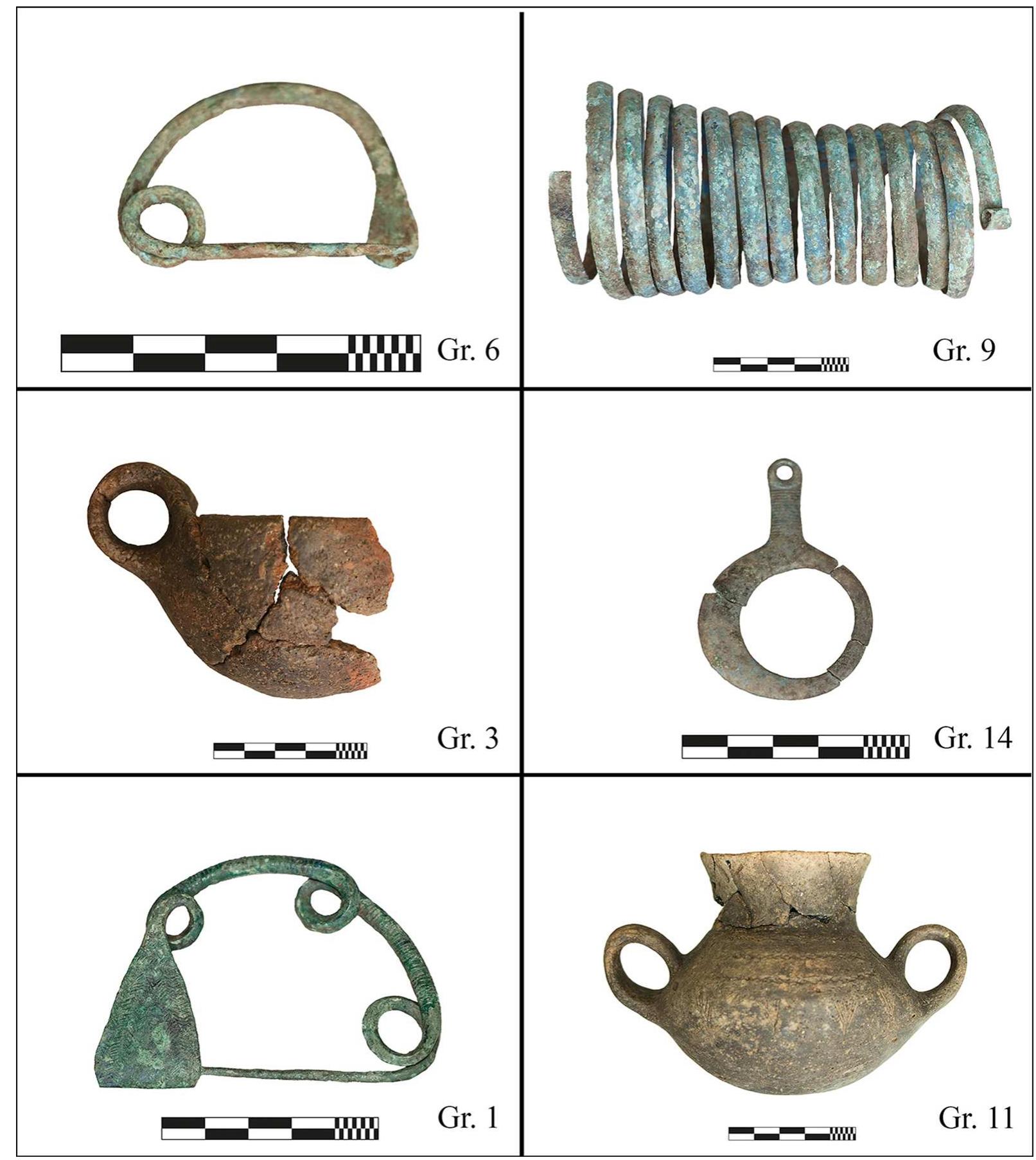Figure 6. Finds from the Kopilo cemetery: one-loop bow fibula (Gr. 6); arm spiral (Gr. 9); cup (Gr. 3); pendant (Gr. 14); three-loop bow fibula (Gr. 1); beaker (Gr. 11). Scales in cm (photographs by N. Mittermair). 