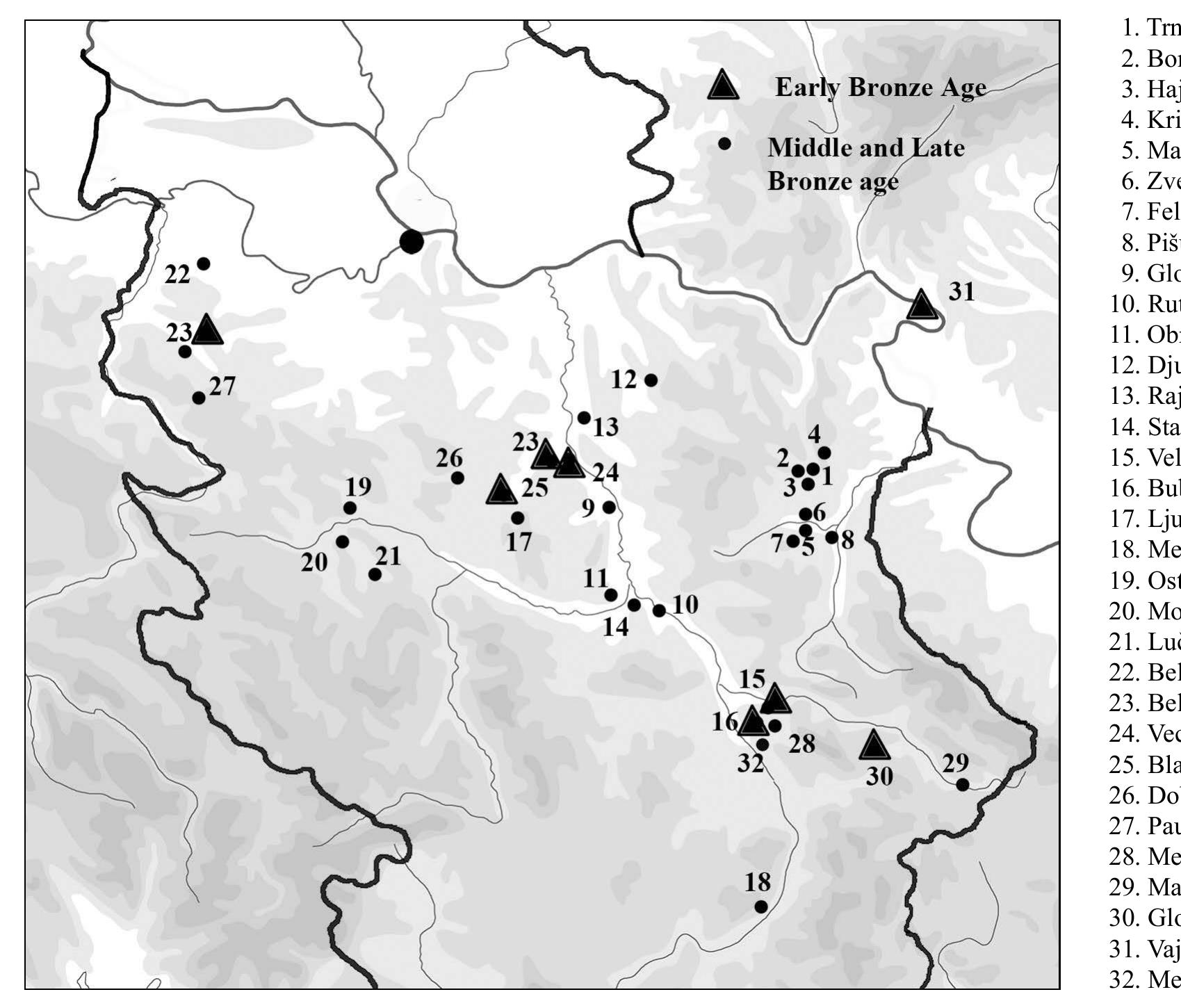 Map 1. Early and Middle Bronze Age burials in the Morava, Timok and Nisava Basens  Aleksandar KAPURAN, Mario GAVRANOVIC, Igor JOVANOVIC Bronze Age Burials within the Morava, NiSava and Timok Basins (45-72 