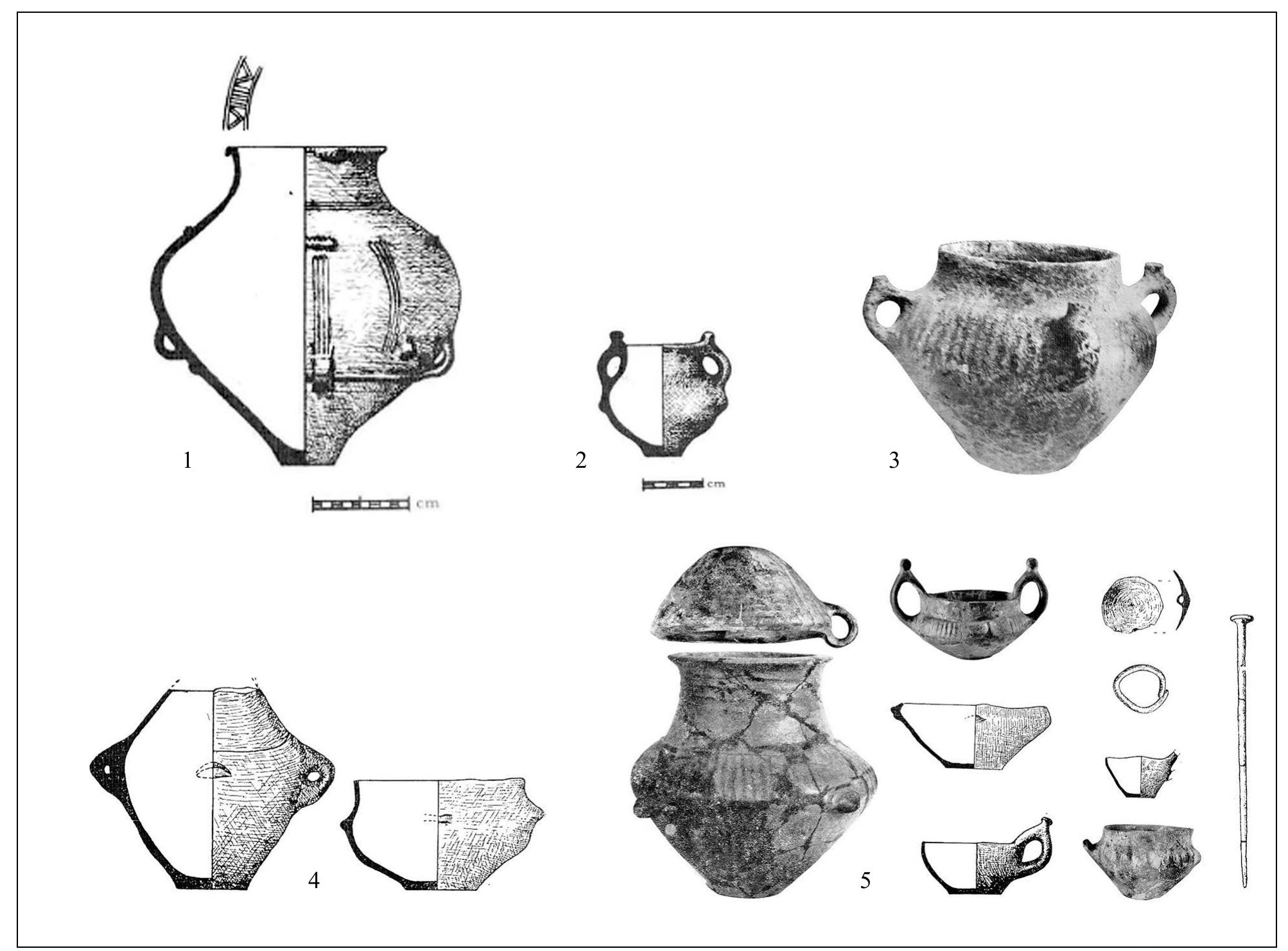 Fig. 9. 1-2. Dobraca; 3. Dvoriste; 4-5. Glozdak  The GloZdak cemetery!!* is one of the key sites for the dating of the Paracin group. D. GaraSanin iden- tified two groups of graves at the site and concluded  that the burials could be se  parated into two phases; the  earlier, belonging to the Late Bronze Age, and the later  one from the Transitional P we present two absolute d support the assumption of cemetery. The absolu  e dates, calibrated wit  eriod (Fig. 9/4-6).!!5 Here, ates from Glozdak, which two distinct phases at the h the same  parameters as the previous  Rajkinac, originate from c 1/1956 (DeA 34114) (Fig. 9 34113) (Fig. 9/5). The abso  y mentioned samples from remated remains in Grave /4) and Grave 4/1956 (DeA ute date of Grave | is 2987  + 44 BP with a calibrated span between 1390 and  1050 BC (Cal2-sigma), and  Grave 4 is almost a centu-  ry older with an absolute d  calibrated span between 14  ate of 3096 + 44 BP anda 90 and 1220 BC (Fig. 12).  Interestingly, based on a sty  istic and typological obser-  was conducted at the Isotoptech Laboratory in Debre- cen. The absolute dates were calibrated by OxCal v. 4.4.2.!!! Both samples from Rajkinac yielded almost identical values (DeA-34106: 3047 + 46 and DeA- 34107: 3056 + 48), while the calibrated dates fall be- tween 1430 and 1130 BC, with a higher probability between the 14" and the 13" century BC (Fig. 12 and Fig. 13). The dates from Rajkinac are the first tangible evidence that urn graves from the sites in the Morava region, assigned to the Paracin group, are strikingly younger than the urn cemeteries near Bor in the Timok Basin. In the context of the available absolute dates from the Central Balkans, the grave from Rajkinac would approximately be concurrent to the central grave cremation without urn) of Mound 4 at the site of Krstac —Ivkovo Brdo in western Serbia,!!? and to the dates from the settlement layers at the sites of SvinjiSte and Medijana in southern Serbia. !!3   Interestingly, based on a stylistic and typological obser- 