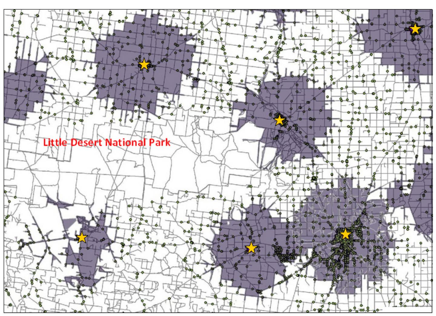 Gis map of a rural area showing the service area (grey),
