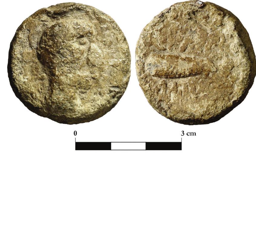 The club motif is common throughout the Ancient World. It is also found on an issue of lead pieces from Majorca of the first century BCE, published by Trilla and Calero 2008, which they consider may have had a monetary function (fig. 6). Specimens of this series have also been found in the sea off Amoladeras, Cabo de Palos, Cartagena.”"! One piece from Majorca shows the club with a rope or ribbons coming from behind and the Latin legend NV-DIAG o NV-DI'AC”, which, by its type and the lay-out of the legend, looks somewhat similar to the N-CALECI coin. 