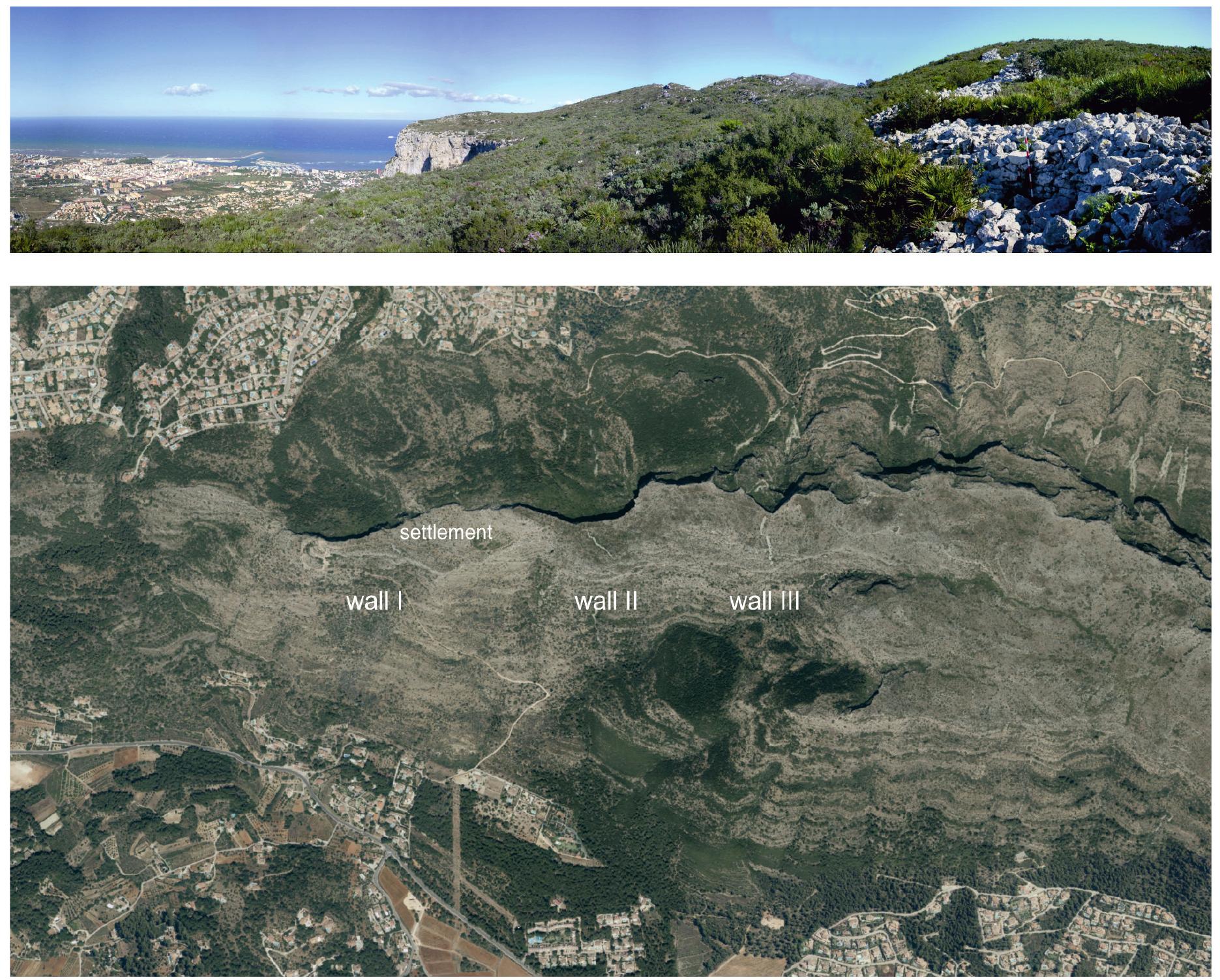 Fig. 7 - View of the ancient Dianium harbor (Denia, Alicante) from the second wall of the hill-fort of Penya de l'Aguila and aerial view of the three walls and the settlement 
