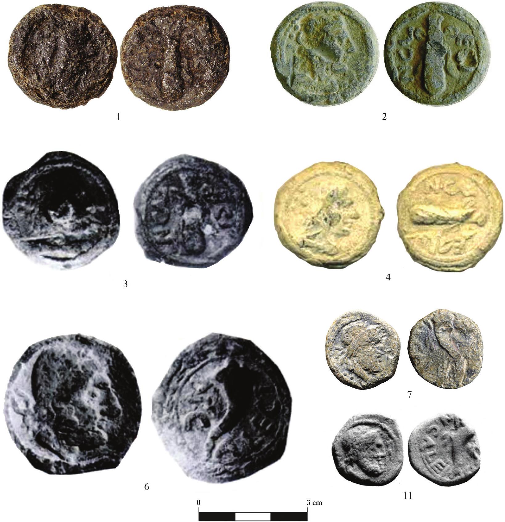 Fig. 12 - Lead coins with legend, N-CALECI. 1. Tossal de La Cala (Marq). Pallas, Fuente Alamo (Rodriguez 2017); 3 and 6. Andalucia (Garcia Bellido 1993); 4. http://www. identificacion-numismatica.com/t1646 1-plomo-monetiforme-n-cal-eci. Penya de l'Aguila (Javea Museum); 11. Stannard et al. 2017, 71 