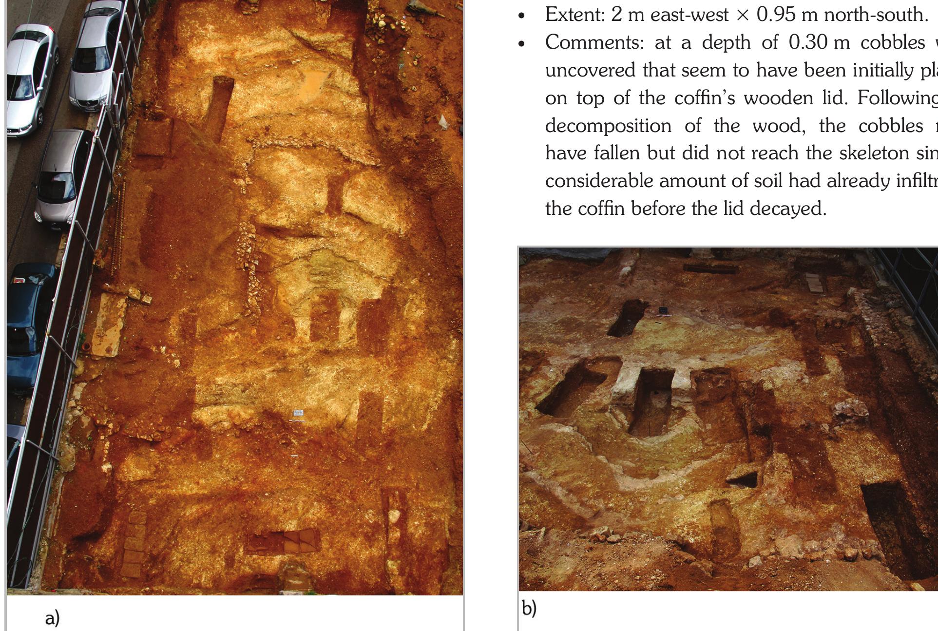 Fig. 3- a) Top view showing the northern side of Ashrafieh lot No. 163; b) View facing west showing the excavated tombs on the north-westerr side of the lot. 