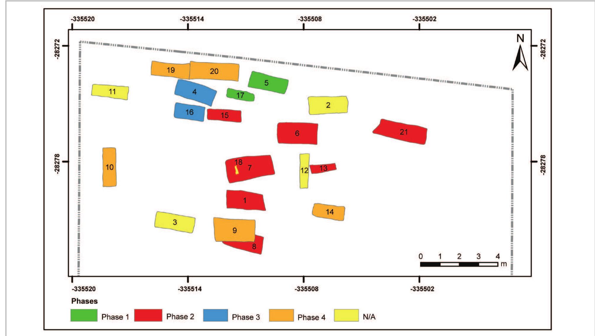 Fig. 7- Distribution of graves by phase.  of excavation beneath Mar Mitr Street towards the north. The absence of graves on the southern side is orobably related to the massive disturbance reaching sedrock level and occasioned by machines operating on the site before the beginning of the archaeological 2valuation process. Most of the exhumed tombs were aid out directly in undisturbed bedrock with a general  endency of avoiding intercutting with previous ourials. A single obvious exception is, however, noted with grave No. 9 truncating grave No. 8. The graves of the first phase seem to cluster towards the northern side of the lot, while those of the second phase are mainly clustered in the central part of the burial space. The graves of the third phase extend towards the north-western side, while those of the final phase are distributed at the periphery of the burial space. The oredominance of lines over rows in the planning of graves is visible. However, a question arises regarding whether the observed pattern reflects a predetermined arrangement or a predefined plan of the cemetery ayout, or whether it is more likely connected to the orevailing east-west and west-east orientation of the ‘ecorded skeletons (fig. 7).  Different body posture types have been observed with legs, arms, and head laid out in various dispositions. Most of the skeletons (eleven individuals) lie in a 