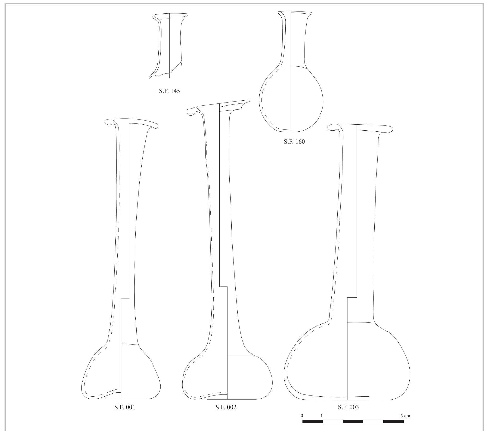 PI. 3- Unguentaria (S.F. 1-3, 145, 160). (Drawings by R. Antonios).  Another rim fragment of moulded bow! documented from layer 103 (pl. 4; S.F. No. 151) belongs to the conical ‘Grooved Bowl’ with horizontal concentric grooves engraved inside the belly, just below the rim. The production of these two types of moulded bowl was widespread throughout the Roman Empire, especially in the Eastern Mediterranean.” The two bowls made of translucent glass are olive green and dark amber, two colours which were very popular in the production of moulded bowls next to yellow and opaque white. At the beginning of the Roman Empire, after the invention of blowing glass, the glassmakers  rod, decorated on the surface by diamond-shaped 
