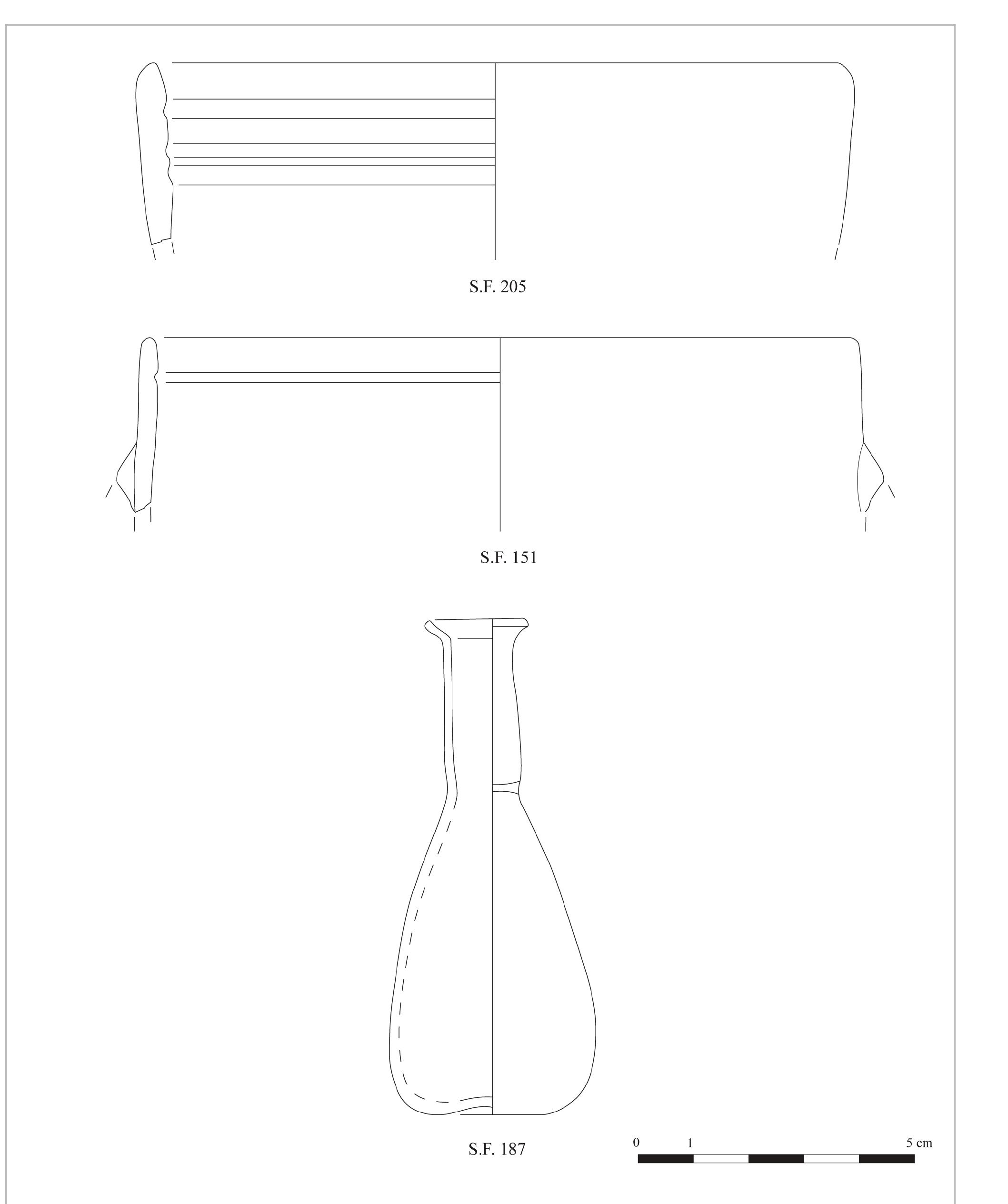 Pl. 4- Ribbed bow! (S.F. 205), the moulded bow! (S.F. 151) and the unguentarium (S.F. 187). (Drawings by R. Antonios). 