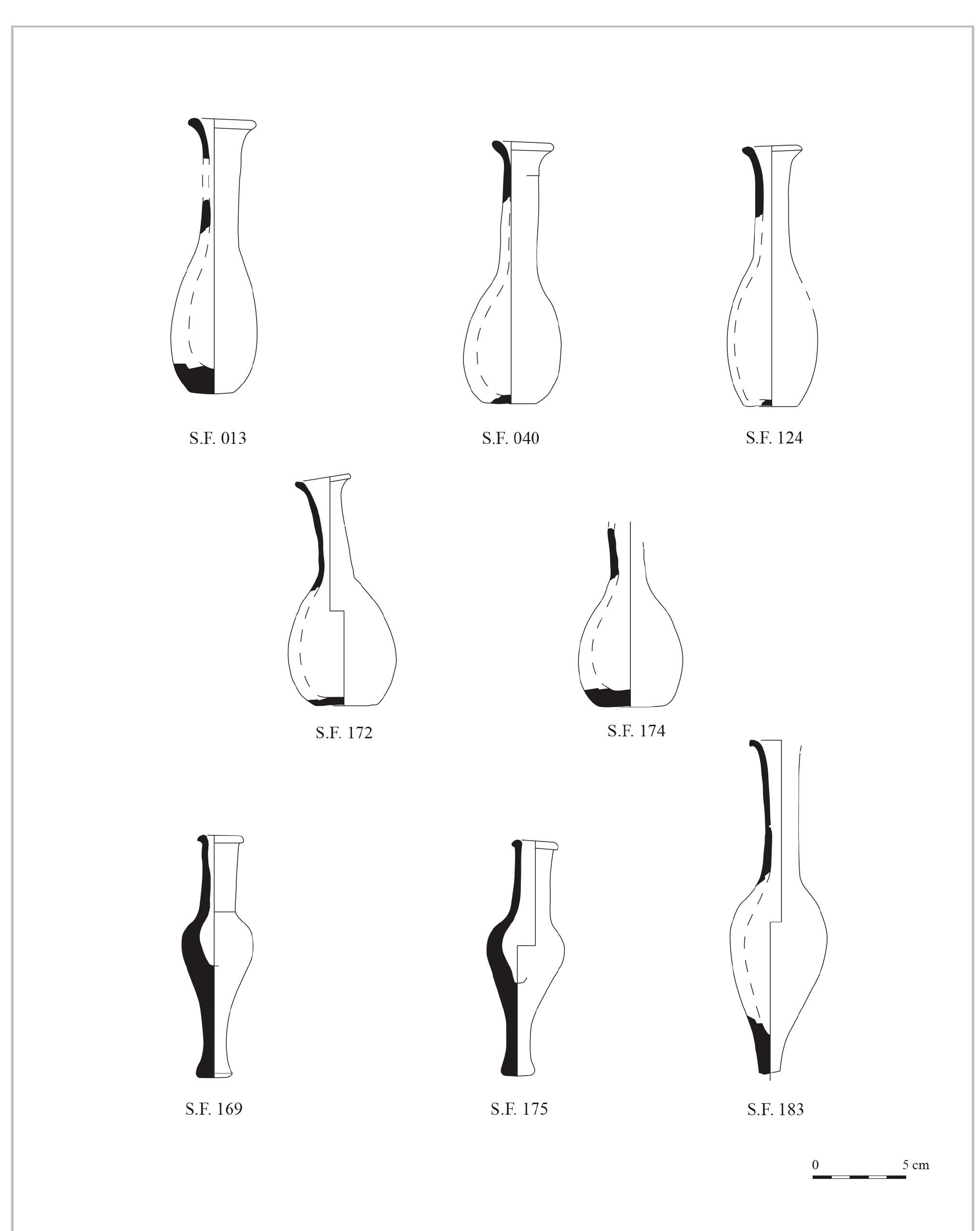 PI. 5- Bulbous shape unguentaria (S.F. 013, 040, 124, 172, 174) and the fusiform unguentaria (S.F. 169, 175, 183). (Drawings by R. Antonios). 
