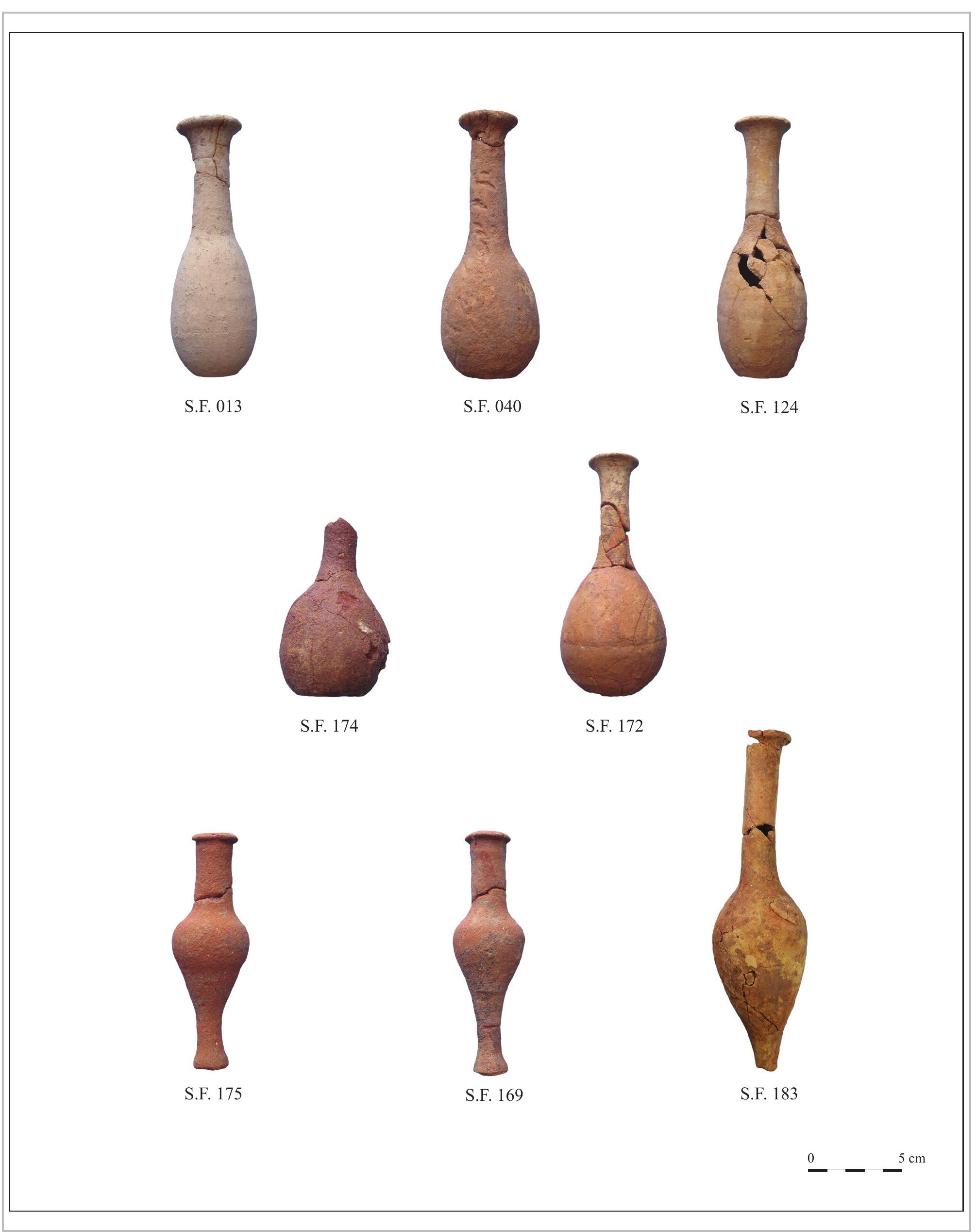 PI. 6- Bulbous shape unguentaria (S.F. 013, 040, 124, 172, 174) and the fusiform unguentaria (S.F. 169, 175, 183). (R. Antonios). 