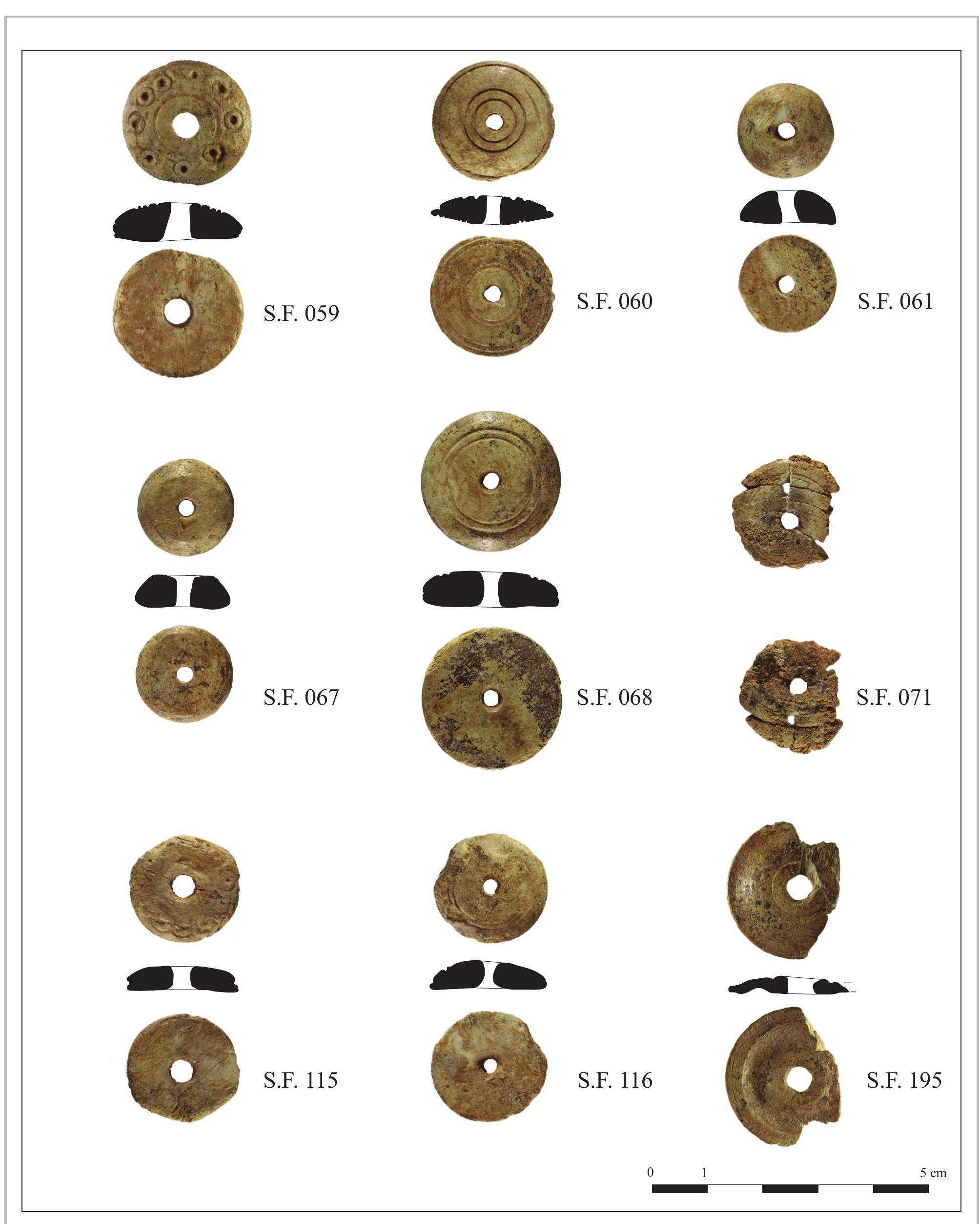PI. 9- Spindle whorls (S.F. 059, 060, 061, 067, 068, 071, 115, 116 and 195). (R. Antonios). 