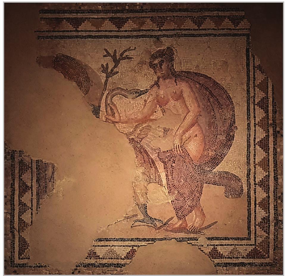 Fig. 20- Leda and the swan (mosaic, Tyre, third century AD, National Museum of Beirut).  The smaller figure next to her could be Eros, who is considered to be an attribute of the goddess,!% with possibly her clothes or a towel underneath him. A statue of the Aphrodite/Venus belonging to the collection of the Museo Archeologico Nazionale in Naples, represents the goddess in the same position, with her forearm leaning on Eros who is standing on a column! (fig. 22). It is important to note that some 