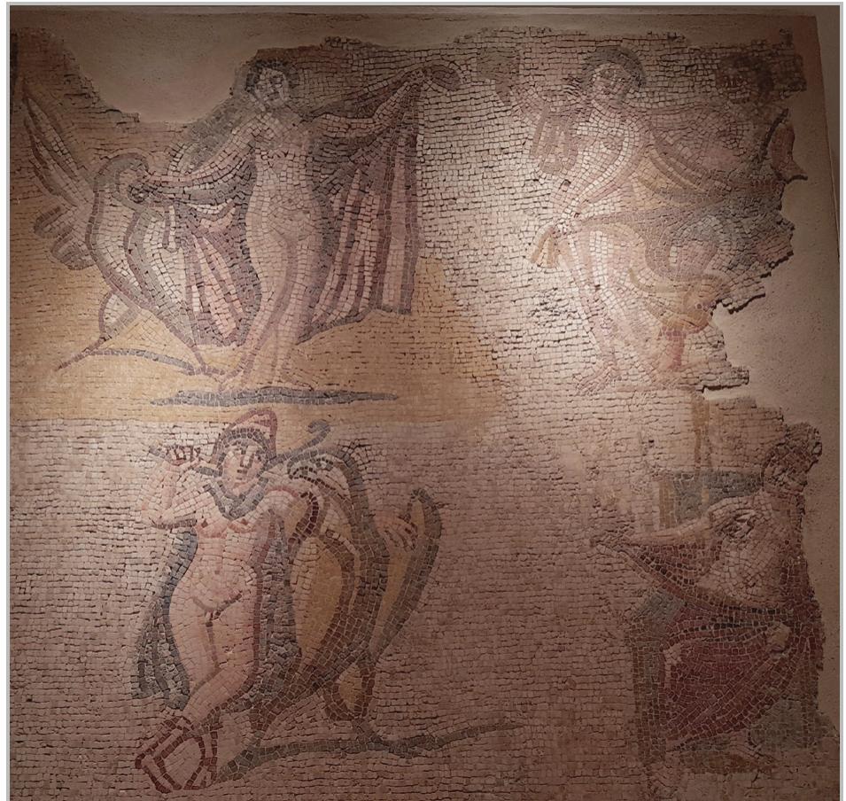 Fig. 21- Leda and the swan represented on the top left corner (mosaic, Tyre, third-fourth century AD, National Museum of Beirut). 