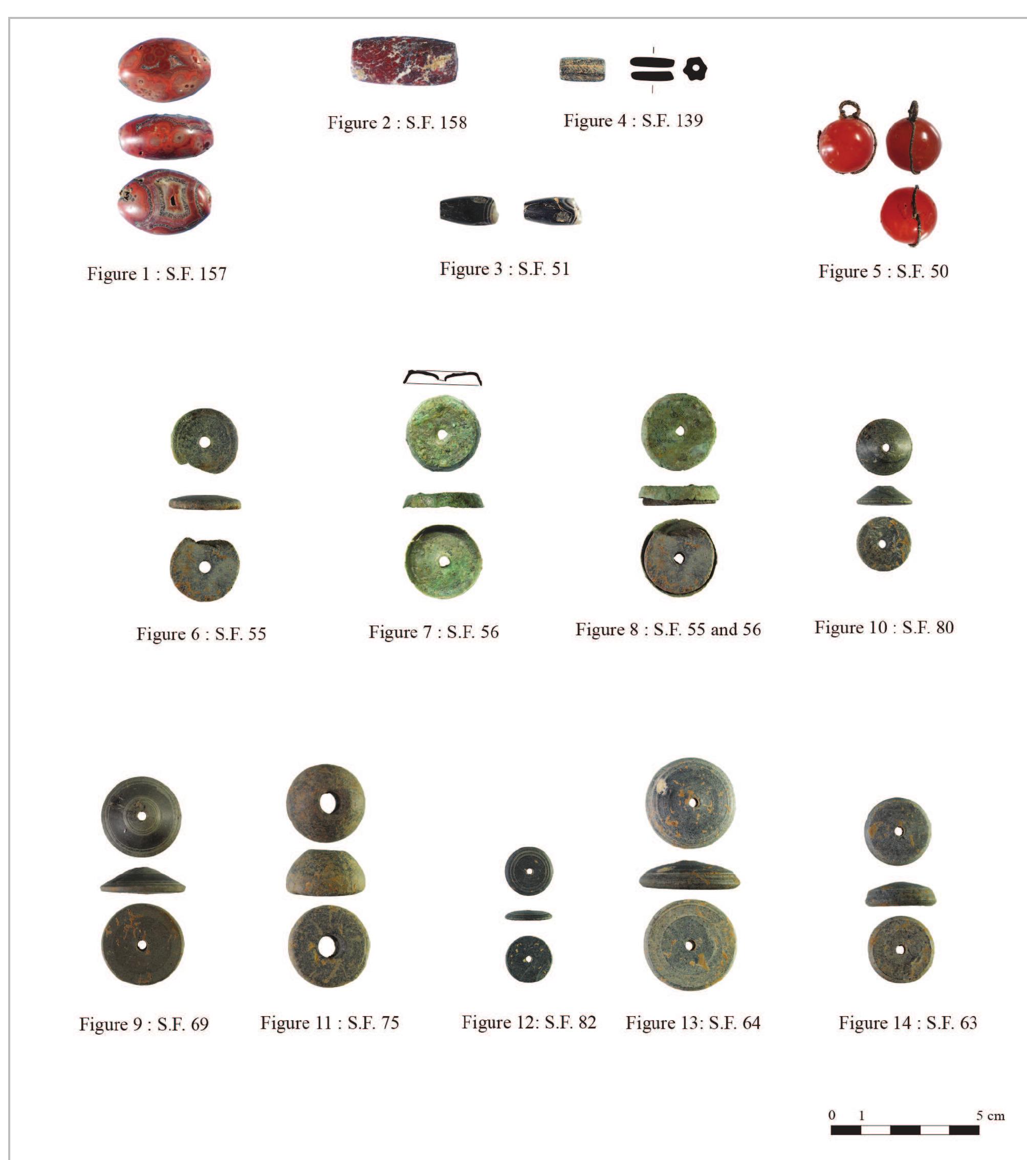 Finally, one iron ring, containing a decorated ringstone, was uncovered on site, and it will be described in the following contribution on metal artefacts. °°  Pl. 11- Stone beads (S.F. 051, 139, 157 and 158), carnelian and silver pendant (S.F. 050), stone spindle whor! with a copper alloy element (S.F. 055-056), stone spindle whorls (S.F. 063, 064, 069, 075, 080 and 082). (R. Antonios).  must have been used as a bead, and the copper alloy element on top must have been placed to conceal the fact that it was broken. (tab. 17 and pl. 11). 