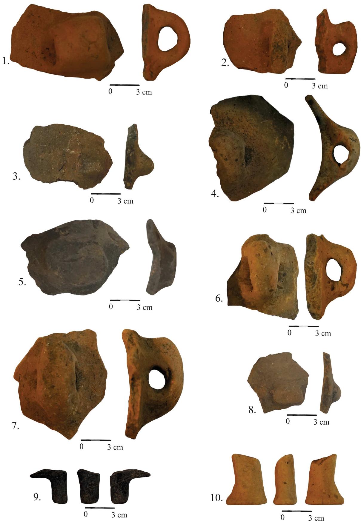Fig. 1 - Mintia-Gerhat. Preventive campaign 2020. Ceramic material.  1. Semifine category; exterior color: brown-brick-like; interior color: brick-like; temper: sand, mica; good smoothing; very good firing. (Cx. 5); 2. Rough category; exterior color: brown-brick-like; interior color: brown-brick-like; temper: large grain sand, mica; good smoothing; good firing. (Cx. 5); 3. Rough category; exterior color: brown; interior color: brown; temper: large grain sand, mica, pebbles; good smoothing; good firing. (Cx. 2); 4. Semifine category; exterior color: coffee-like with dark-brown firing mark; interior color: dark-brown; temper: sand, mica, silt; good smoothing; very good firing. (Cx. 4); 5. Semifine category; exterior color: black-greyish; interior color: black-greyish; temper: sand, mica, silt, good smoothing; good firing. (Cx. 38); 6. Rough category; exterior color: brick-like; interior color: brick- like; temper: large grain sand, mica, ocre; poor smoothing; good firing. (Cx. 38); 7. Rough category; exterior color: brick-like; interior color: brick-like; temper: large grain sand, mica, silt, good smoothing; good firing. (Cx. 33); 8. Rough category; exterior color: brown; interior color: brown; temper: large grain sand, mica, pebbles; good smoothing; good firing. (Cx. 38); 9. Fine category; exterior color: black-greyish; interior color: black-greyish; temper: fine sand, mica; good smoothing; good firing. (Cx. 33); 10. Semifine category; exterior color: brick-like; interior color: brick-like; temper: sand, silt, ocre; good smoothing;  good firing. (Cx. 5). 