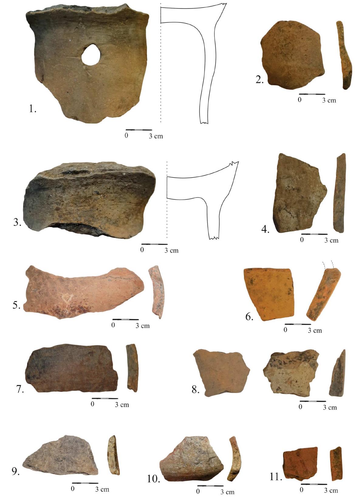 Fig. 3 - Mintia-Gerhat. Preventive campaign 2020. Ceramic material.  1. Semifine category; exterior color: brown; interior color: dark-brown; temper: sand, mica; good smoothing; good firing; It has a circular perforation. (Cx. 10); 2. Semifine category; exterior color: light- brown; interior color: light-brown; temper: sand, a little silt; good smoothing; good firing; decoration: brown painting. (Cx. 4); 3. Semifine category; exterior color: coffee-like with greyish-brown firing marks; interior color: dark-brown; temper: sand, ocre, silt; good smoothing; good firing. (Cx. 8); 4. Semifine category; exterior color: coffee-like; interior color: coffee-like; temper: sand, a little silt; good smoothing;  good firing; decoration: white painting. (Cx. 3); 5. Semifine category; exterior color: light-brown; interior  color: light-brown; temper: sand, core; good smoothing; good firing; decoration: black ad reddish-brown painting. (Cx. 5); 6. Semifine category; exterior color: brick-like; interior color: brick-like; temper: sand, silt; good smoothing; good firing; decoration: traces of black painting. (Cx. 4); 7. Semifine category; exterior color: dark-brown in the upper part and light-brown in the lower part; interior color: brown; temper: sand, mica; good smoothing; good firing; decoration: brown painting. (Cx. 33); 8. Semifine category; exterior color: coffee-like; interior color: whitish-coffee-like; temper: sand, mica; good smoothing; good firing; decoration: white painting, inside. (Cx. 38); 9. Semifine category; exterior color: light-brown; interior color: light-brown; temper: sand, a little silt; good smoothing; good firing: decoration: traces of black painting. (Cx. 4); 10. Semifine category; exterior color: brown; interior color: brown; temper: sand, mica; good smoothing; good firing; decoration: white painting. (Cx. 35); 11. Semifine category; exterior color: brick-like; interior color: brick-like; temper: sand, mica; good smoothing; good firing; decoration: black painting. (Cx. 38). 