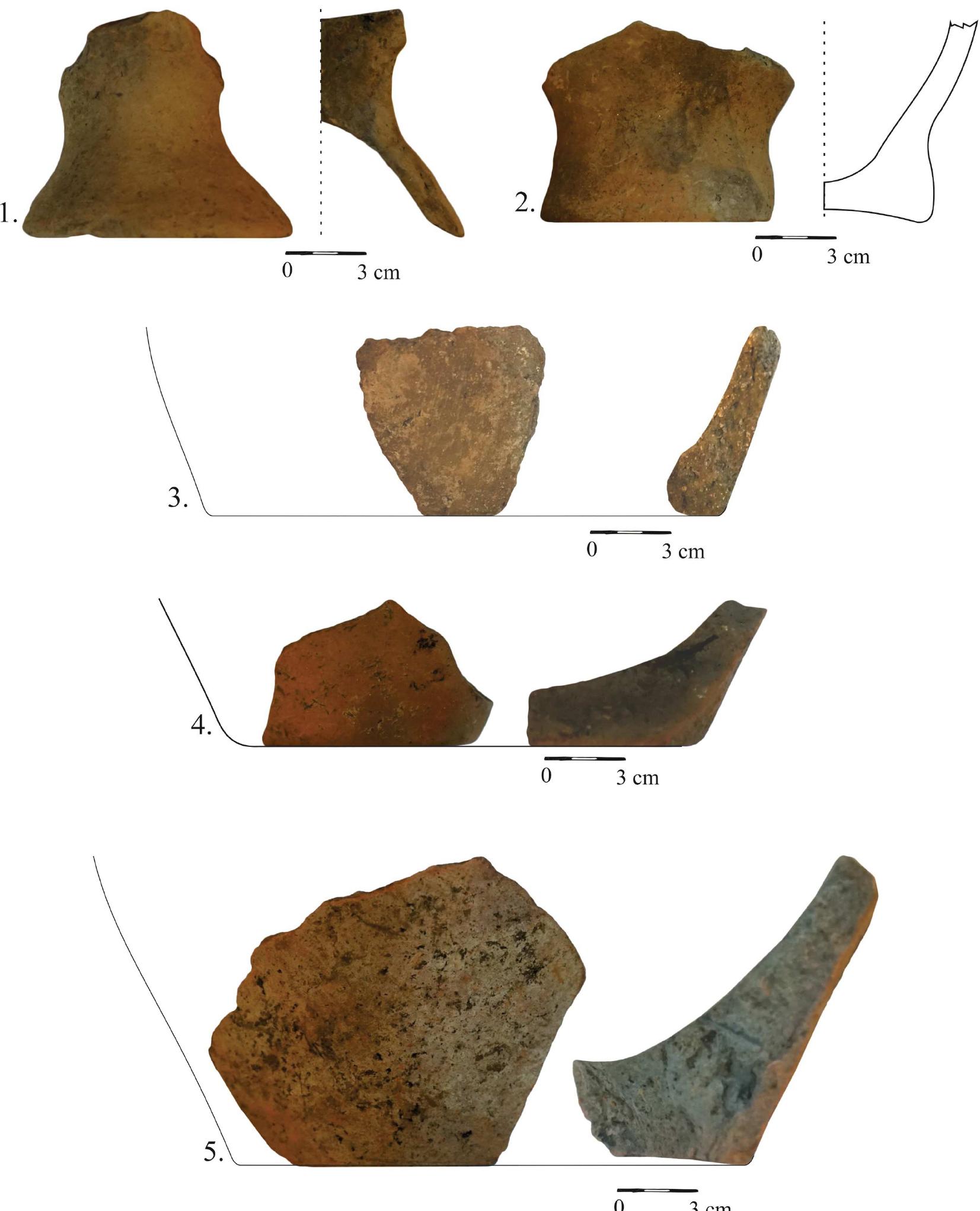 Fig. 8 - Mintia-Gerhat. Preventive campaign 2020. Ceramic material.  1. Semifine category; exterior color: light-brown, interior color: dark-brown; temper: sand, a little silt good smoothing; good firing. (Cx. 5); 2. Semifine category; exterior color: light-brown with dark-browr firing mark; interior color: brown; temper: sand; good smoothing; very good firing. (Cx. 4); 3. Rougl category; exterior color: brown; interior color: brown; temper: large grain sand, pebbles; good smoothing good firing; decoration: white-yellowish painting. (Cx. 38); 4. Semifine category; exterior color: brick like; interior color: dark-brown; temper: sand, mica; good smoothing; very good firing; decoration: trace of black painting. (Cx. 33); 5. Semifine category; exterior color: light-brown; interior color: greyish. brown; temper: sand, a little silt; good smoothing; good firing; decoration: white painting. (Cx. 38).  1. Semifine category; exterior color: light-brown; interior color: dark-brown; temper: sand, a little silt, 