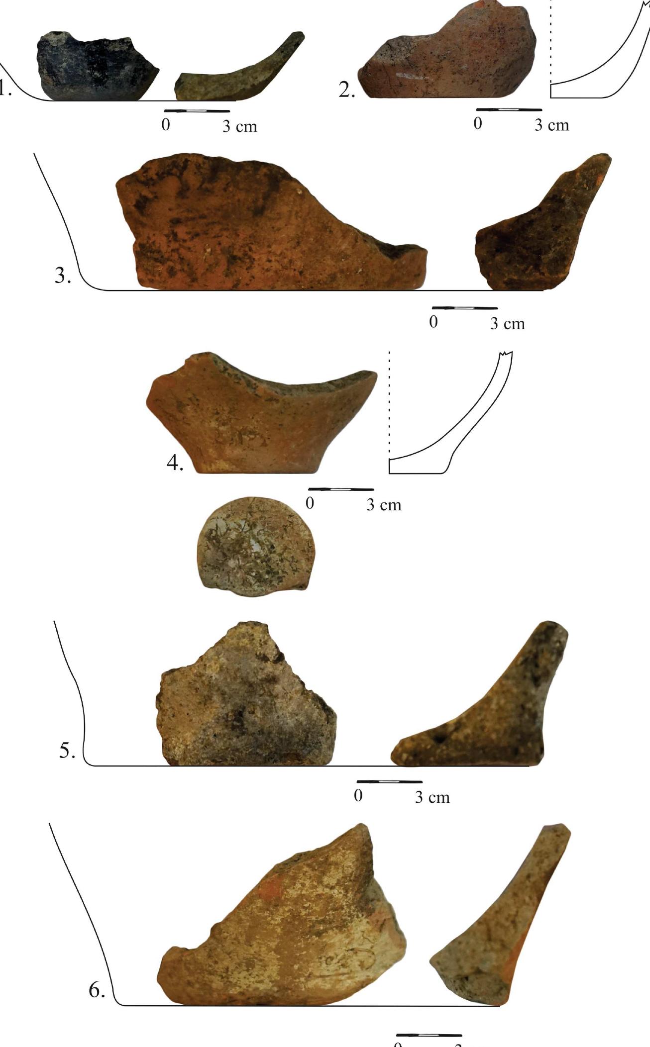1. Fine category; exterior color: black-greyish; interior color: black-greyish; temper: fine sand, mica; very  4d. PIUle CAtCSOLly, CALCTIOL COLOL. DlACK™ STCYiotl, IIeTIOL COLOL. DidCKh STC Visti, tOMIper, Lie sdllQ, Illica, VEL good smoothing; very good firing; decoration: vertical strips made by polishing. (Cx. 3);  2. Semifine category; exterior color: light-brown; interior color: light-brown; temper: sand; good smoothing; good firing; decoration: traces of white and brown painting. (Cx. 4); 3. Semifine category; exterior color: brick-like; interior color: dark-brown; temper: sand, pebbles, silt; good smoothing; good firing, decoration: traces of black painting. (Cx. 2); 4. Semifine category; exterior color: light-brown; interior color: dark-brown; temper: sand; good smoothing; good firing; decoration: white painting. (Cx. 33); 5. Rough category; exterior color: coffee-like; interior color: light-brown; temper: large grain sand, pebbles; good smoothing; good firing; decoration: traces of white and black painting. (Cx. 4); 6. Semifine category; exterior color: light-brown; interior color: light-brown; temper: sand, mica, a little silt; good smoothing; good firing; decoration: white painting. (Cx. 4). 