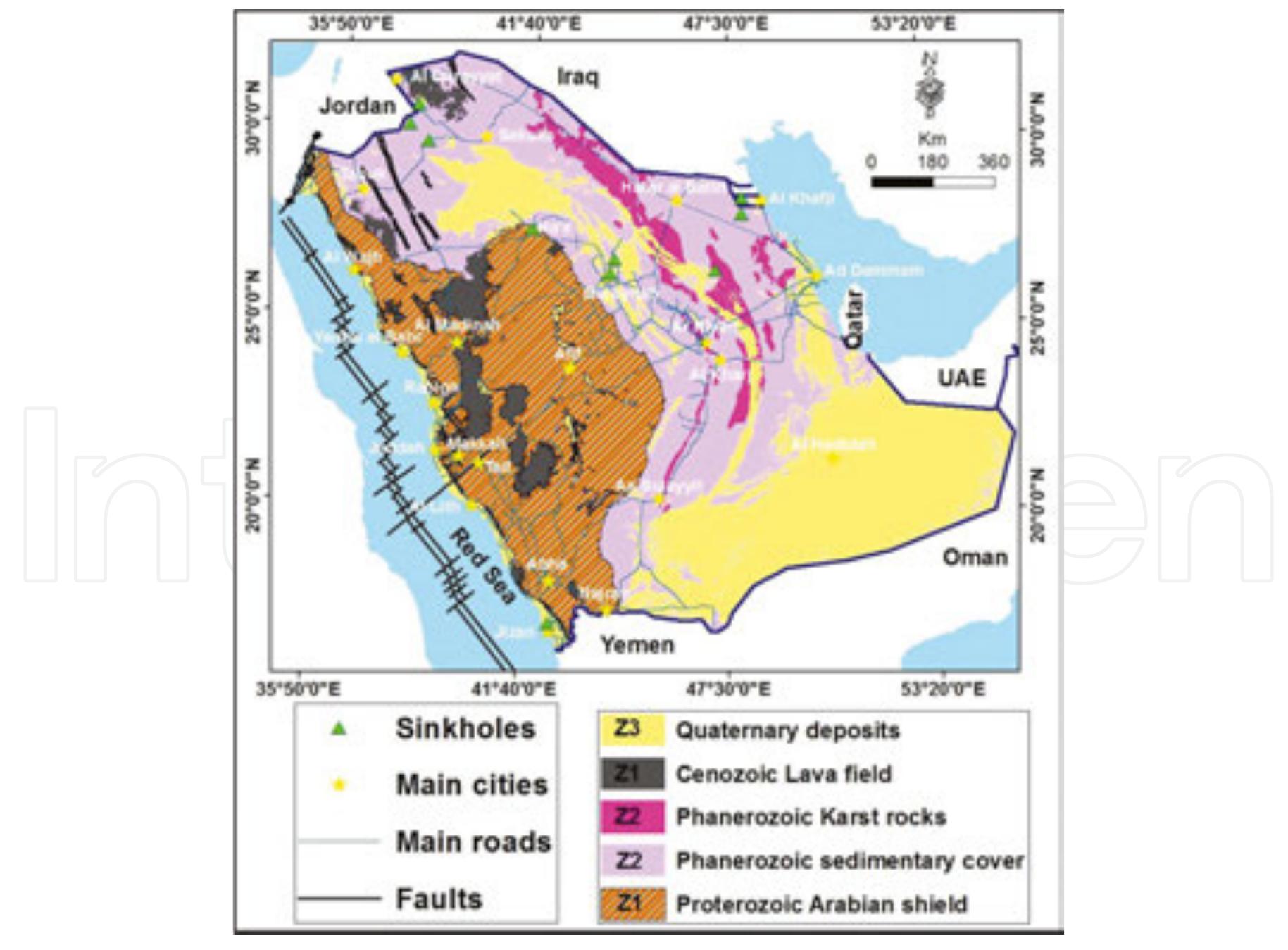 Geological map of the ksa showing areas of earth fissures