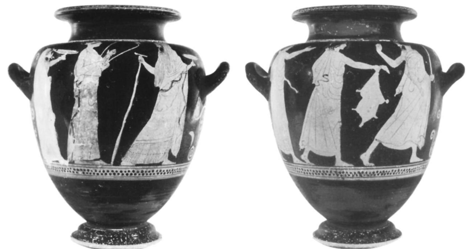 Figs. 1 and 2. Attic red-figure stamnos, “near the Barclay Painter” (von Bothmer), ca. 450. Side A: komasts wearing chiton and sakkos, lyre player. Side B: komos. Tampa Museum of Art Collection 93.29. Gift of Mr. and Mrs. William Knight Zewadski. (Photo T. Ketner)  ten achieved by transvestism.? A steady stream of lit- erary and artistic evidence shows recourse to trans- vestism in classical antiquity, including a corpus of Attic vase paintings of komasts that seem to present deliberate ambiguity of gender. An interesting new addition to the corpus, a small Attic red-figured stamnos given by Sarah and William Knight Zewad- ski to the Tampa Museum of Art, encourages reex- amination of the role of transvestism in Greek soci-  ety (figs. 1-7).4  handle zone is lost, including most of the palmette decoration, much of the left figure on side A, and some of the right figure on side B. The damage evi- dently resulted from a blow to the vessel at this point. The stamnos is partially misfired.5 A mineral deposit covers the interior; traces of a similar deposit appear on the exterior surface, which is also disfigured by lit- tle pocks, evidently from erupting salts. The surface damage is often disguised by overpainting.  srary and artistic evidence shows recourse to trans- 