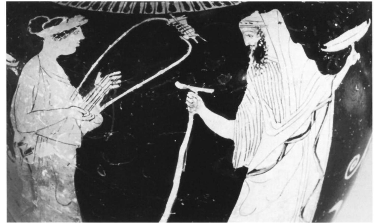 Fig. 7. Tampa 93.29. Side A, detail of central and right figures: lyre player and komast wearing sakkos. (Photo T. Ketner, courtesy Tampa Museum of Art) 