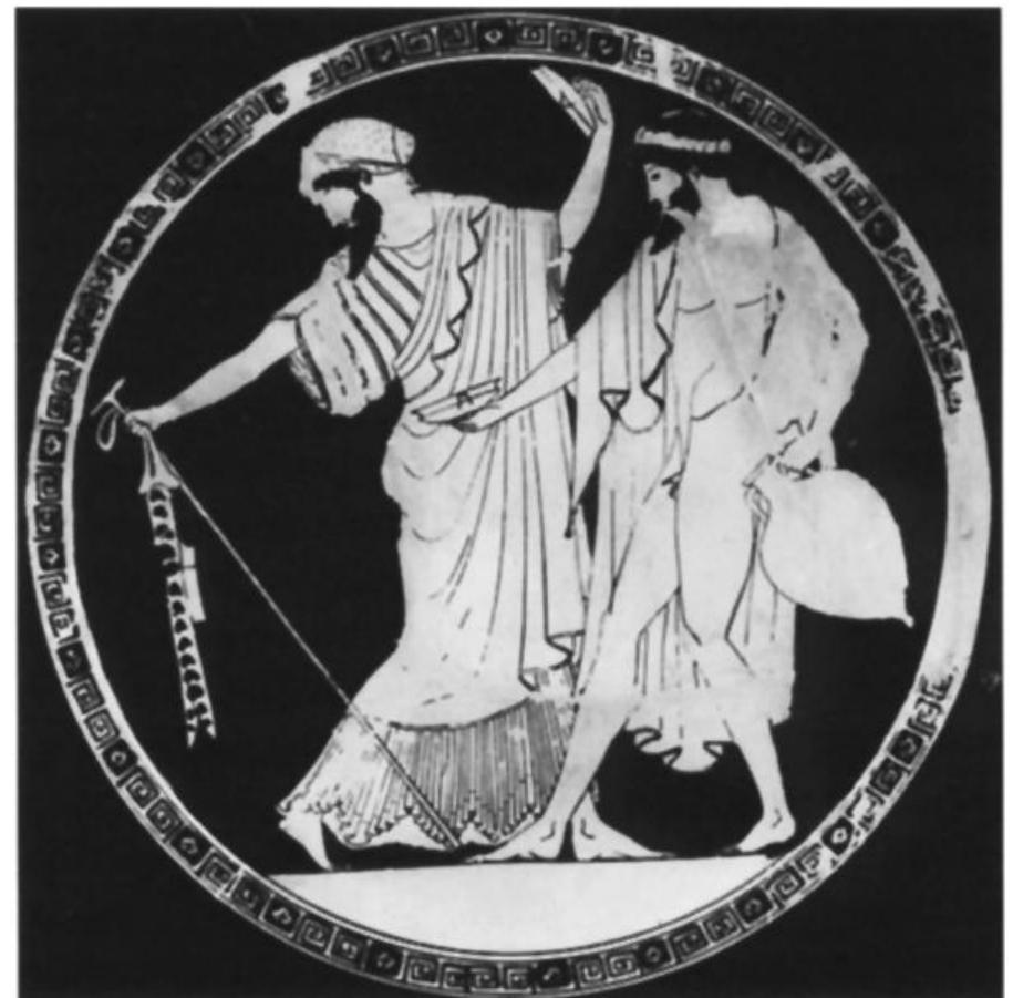 Fig. 8. Attic red-figure cup, Douris (late), ca. 470. Tondo: two komasts, with figure on left wearing sakkos and chi- ton. Munich, Staatliche Antikensammlungen 2647 VAS.  (Courtesy Staatliche Antikensammlungen und Glyp- tothek Mtinchen) 