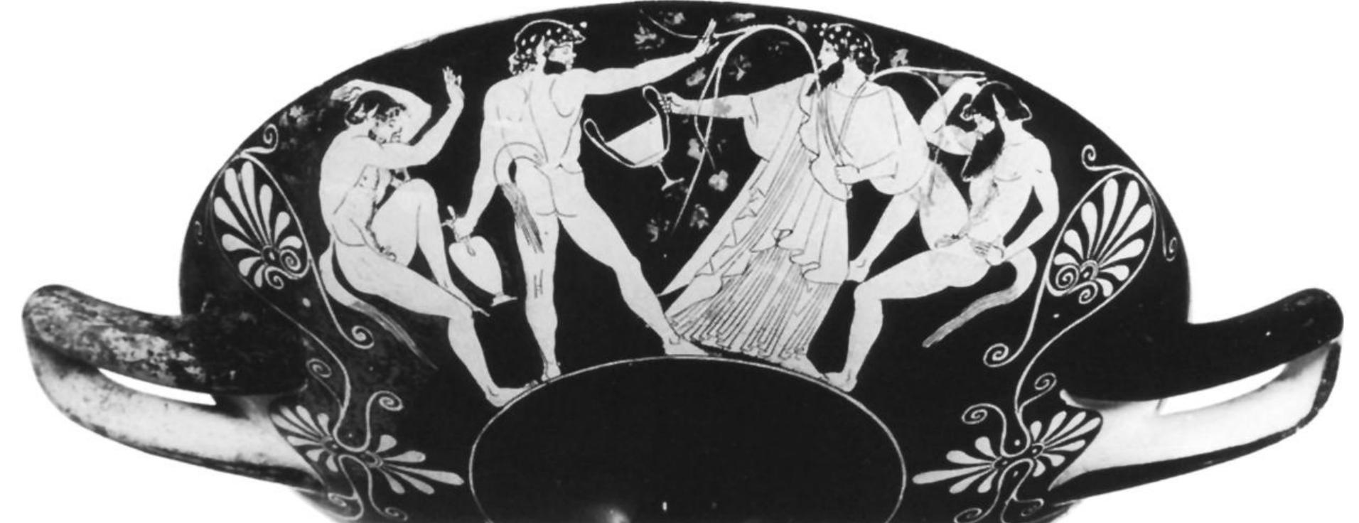 Fig. 11. Attic red-figure cup, Oedipus Painter (Sommer), ca. 470. Side A: Dionysos and three satyrs. German Private Collec: tion. (Photo E. Lerch) 