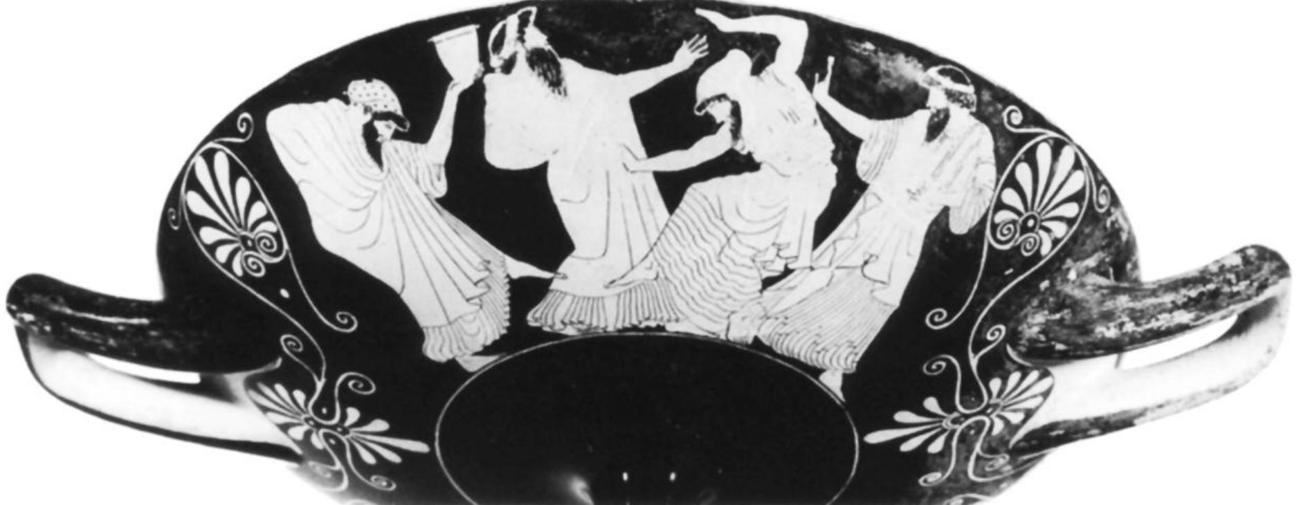 Fig. 12. Side B: four dancing komasts wearing sakkoi and chitons. (Photo E. Lerch)  cult and komastic cross-dressing Nilsson was soon followed by Kerényi and Rumpf, who finally estab- lished that all were male figures but who argued that the variety of pot shapes on which the scene occurs meant that it does not depict a ritual; it was, rather, a spur-of-the-moment joke. Beazley, too, stated that he “believe(d) all these figures to be men disguised as women; but to be taking part in a komos and not ina sacred rite,” and he linked the group to the Ionic poet Anakreon who came to Athens about 522 and died there about 487: cross-dressing was an Ionic komastic practice introduced to Athens by Anakreon. Beazley stressed that it was the wearing of such clothing in combination that seemed so feminine; he was particu- larly struck by the occasional appearance of earrings.°?  tion of these komasts with the Lenaia festival has found no supporters, as there is no good linking evi- dence; on the other hand, their association with a Dionysiac ambience is generally accepted. In fact, after the publication of Deubner’s Aitische Feste, Bus- chor changed his mind, seeing the group as partici- pants in an anonymous Attic Dionysiac festival.*! What is interesting about the earliest scholarship is the readiness to see deliberate confusion of gender in the depictions: the focus of debate was not whether the figures were cross-dressing but who was cross- dressing and for what purpose. 