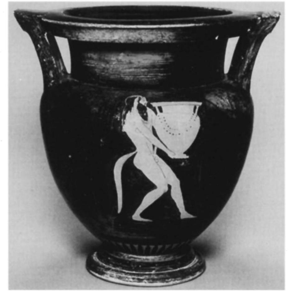 Fig. 13. Attic red-figure column krater, Pan Painter (Isler), ca. 470. Side B: satyr bearing krater. Formerly Hirschmann Collection. (Photo after Sotheby London Catalogue [9 De- cember 1993] lot 42)  in the context of the “upside-down universe” syn- drome, which appears in the worship of Dionysos. Slater viewed the material in the same sphere with a reinterpretation of the celebrated Artemon frag- ment of Anakreon, in which Anakreon abuses Arte- mon, who is said, among other things, to wear golden earrings and to carry a little ivory parasol “like women” (yuvat&iv attws) (Anakreon fr. 82 Gentile), though the abuse appears to focus on Arte- mon’s change of status from poor to wealthy rather than on the effeminacy of his dress. Slater suggested that it shows that Anakreon and his friends engaged in this kind of activity, whether or not Anakreon in- 