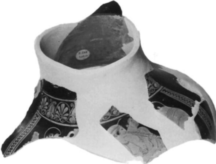 Fig. 16. Adria B.248. Side B: three youthful komasts, one carrying amphora, and auletris. (Courtesy Museo Archeo- logico Nazionale, Adria)  as “frolicking transvestites” rests on the grounds that such a view is inconceivable “in the context of the in- tensely male Greek society of the time” and he sug- gested instead that these figures represent Athenians, perhaps following Anakreon, donning luxurious Lydian attire for their carousals. Boardman methodi- cally showed that all features (headdress, clothing, earrings, lyre, parasols) can be paralleled in the East Greek and Lydian world and concluded that “the or igins of this special komast behavior must be sought, with their dress and appurtenances, in an East Greek world heavily influenced by the behavior of their eastern neighbors.” According to this interpretation, this new komastic behavior is associated with the ar- rival of Anakreon in Athens.?9 Though its origin lay  in Anatolian elite male dress, it came to be viewed in Athens as effeminate. 